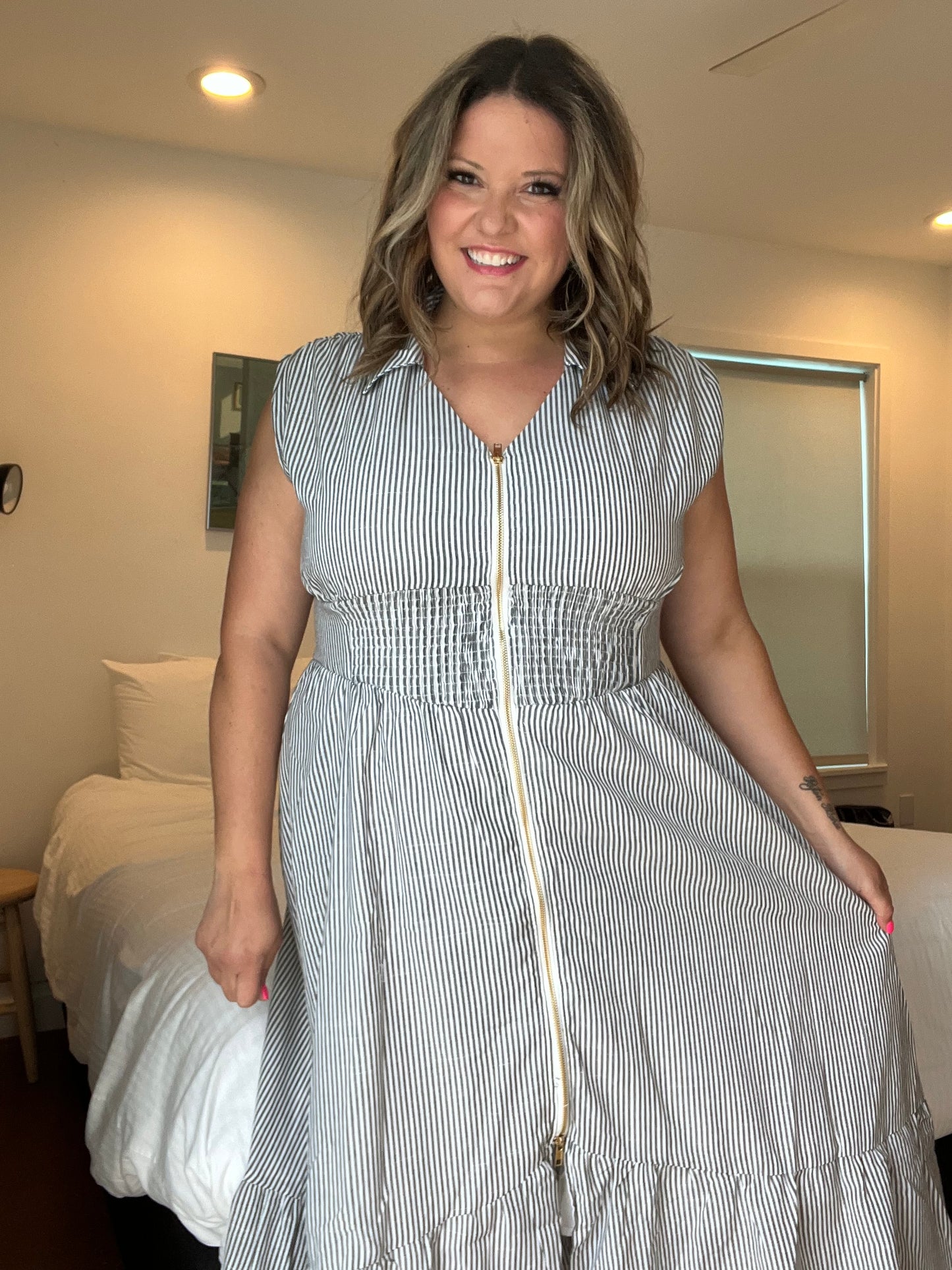"Momentum" Sleeveless Zip Front Striped Dress