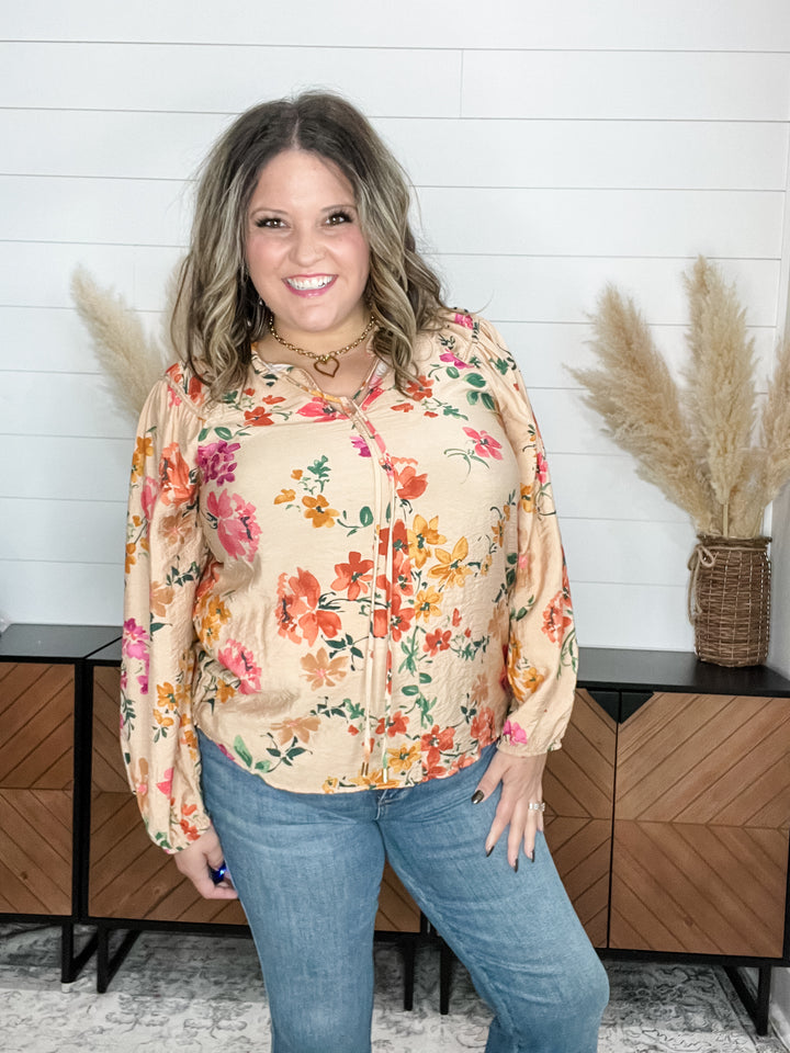 "Canyon" Floral High Collar with Tie Bubble Sleeve