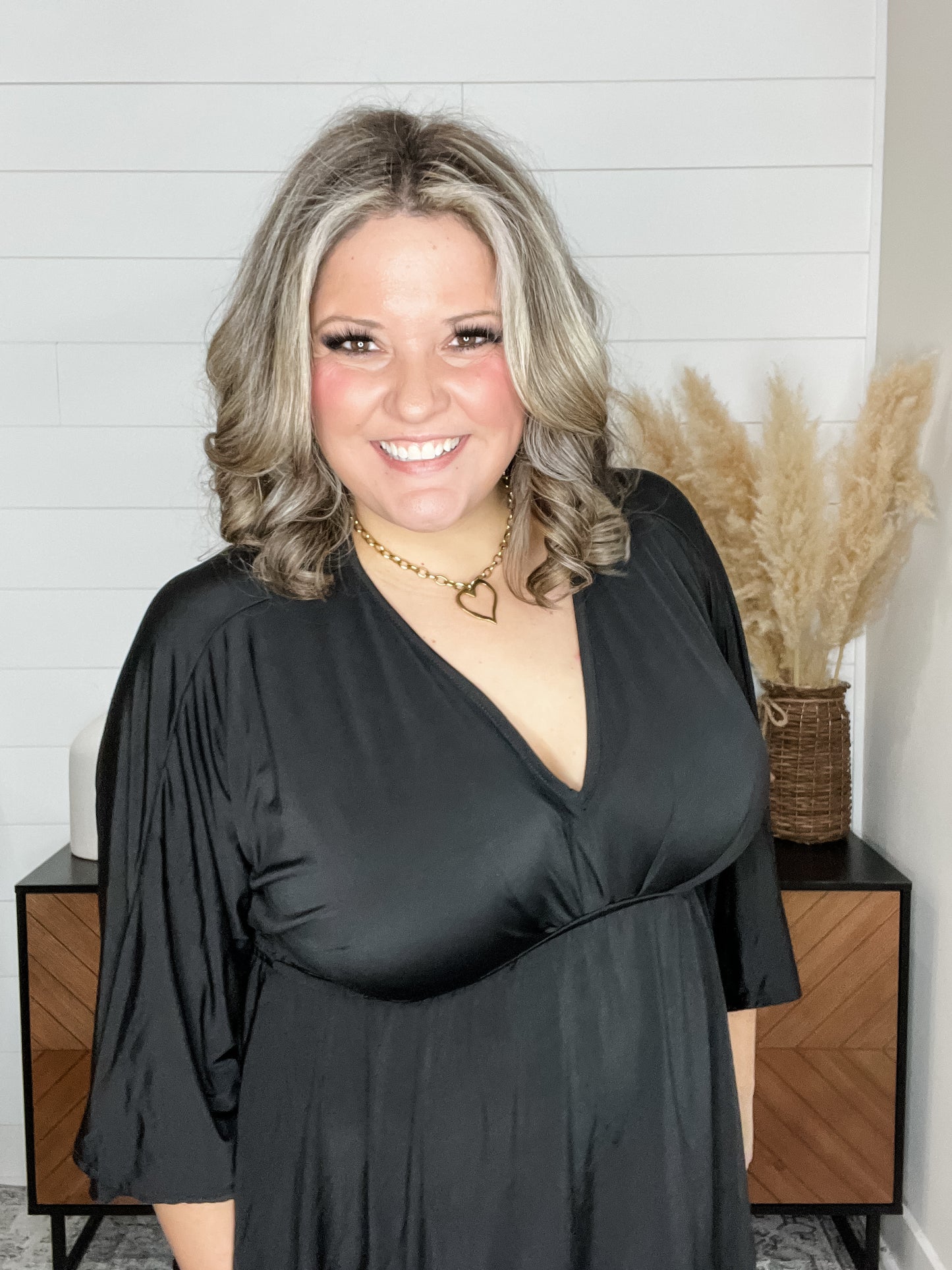 "Undertaking" 3/4 Sleeve V Neck with Elastic Empire Waist (Black)