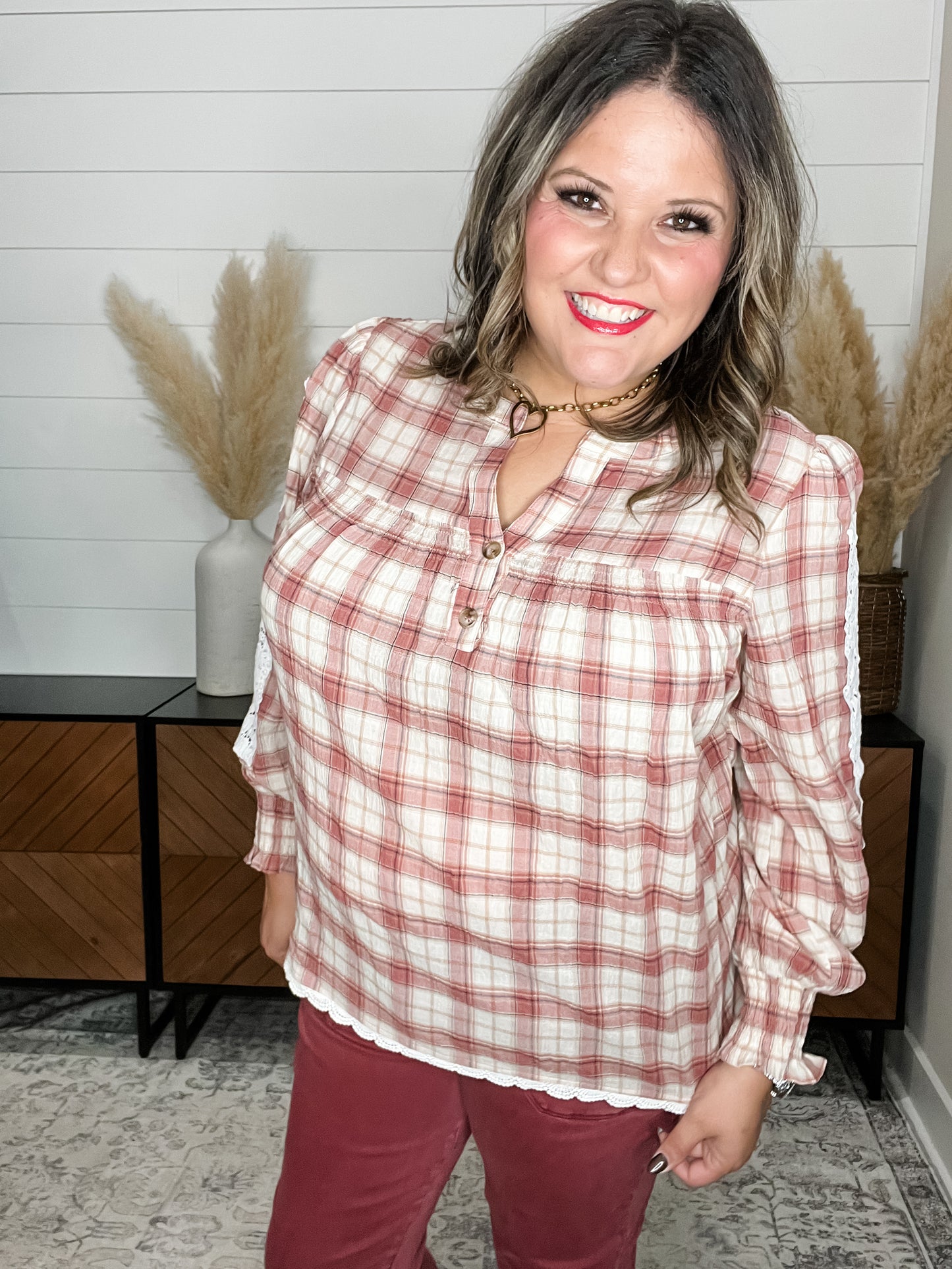 "Fall Into" Long Sleeve Plaid with Lace Detail