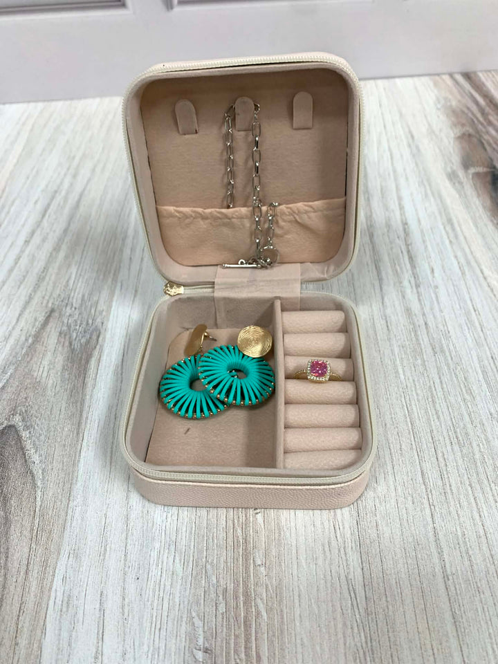 Vegan Leather Travel Jewelry Box With Diamond Stitch Detail