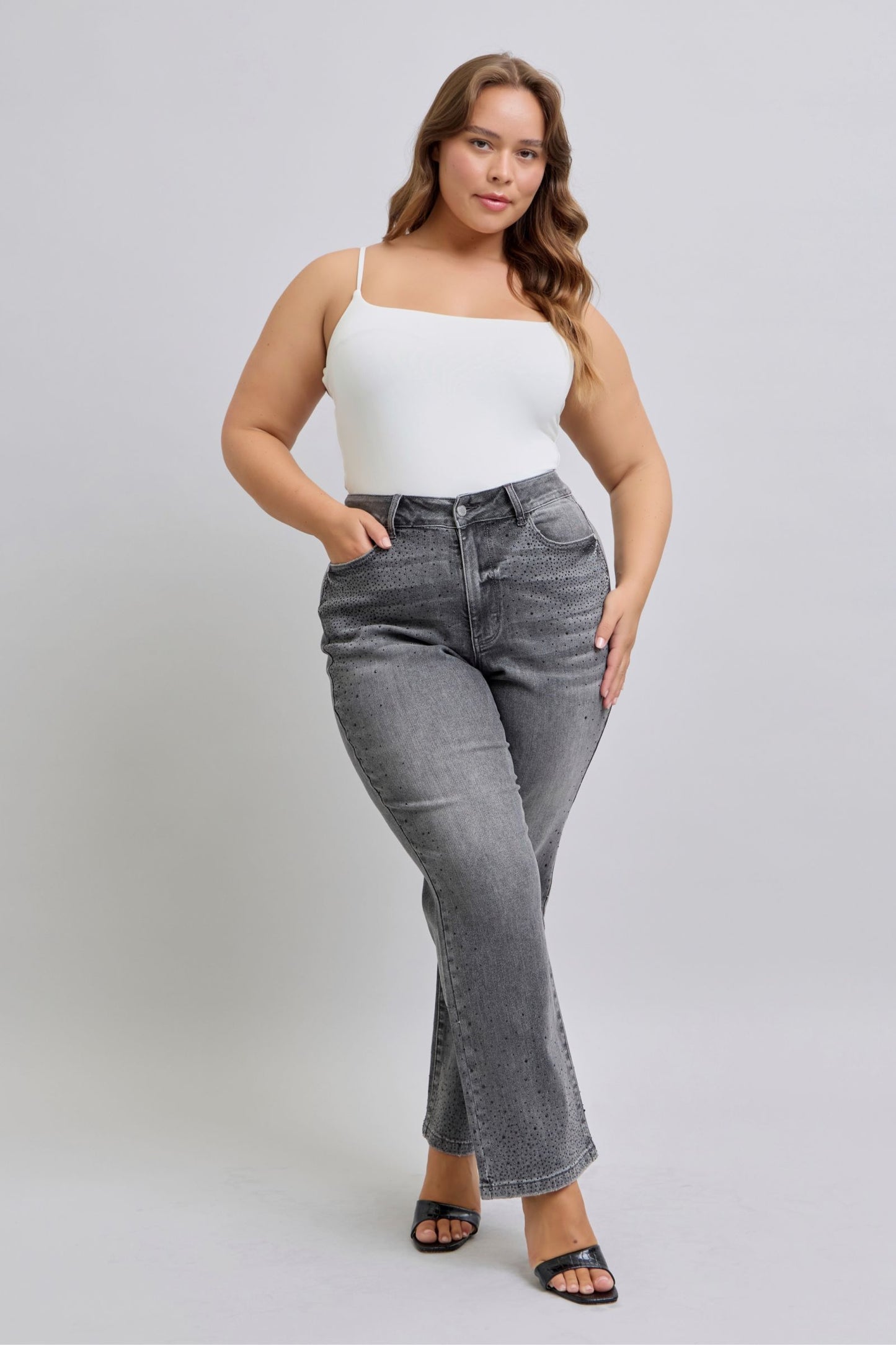 Judy Blue Grey Rhinestone Straight Leg Jeans