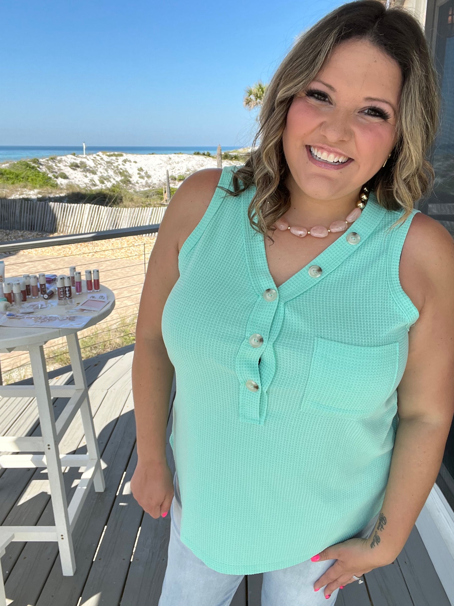 "Caldwell" Waffle Texture Tank with Chest Pockets and Faux Buttons (Mint)