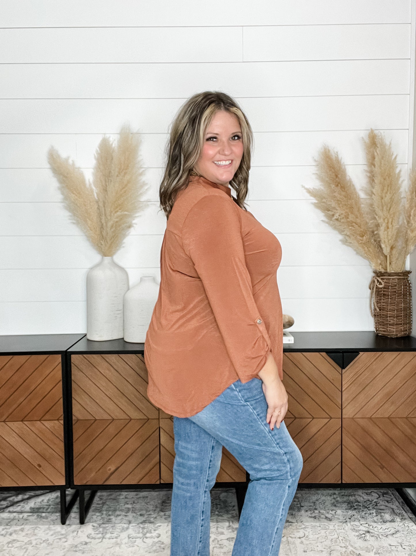 Dear Scarlett "Bold Choice" 3/4 Sleeve Split Neck (Caramel)