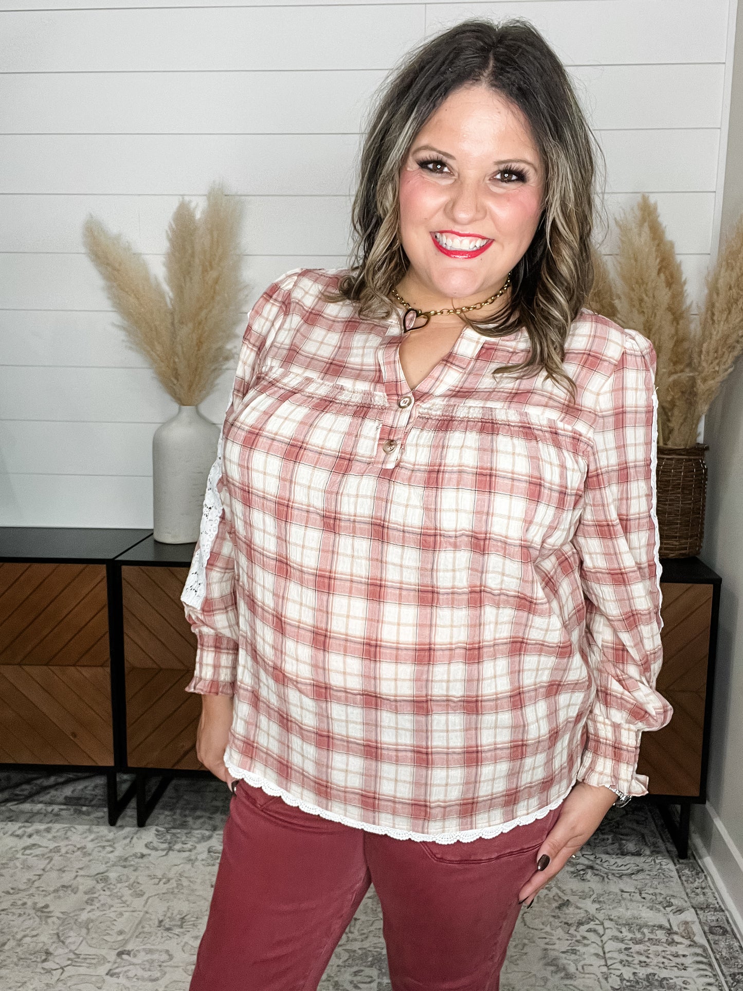 "Fall Into" Long Sleeve Plaid with Lace Detail