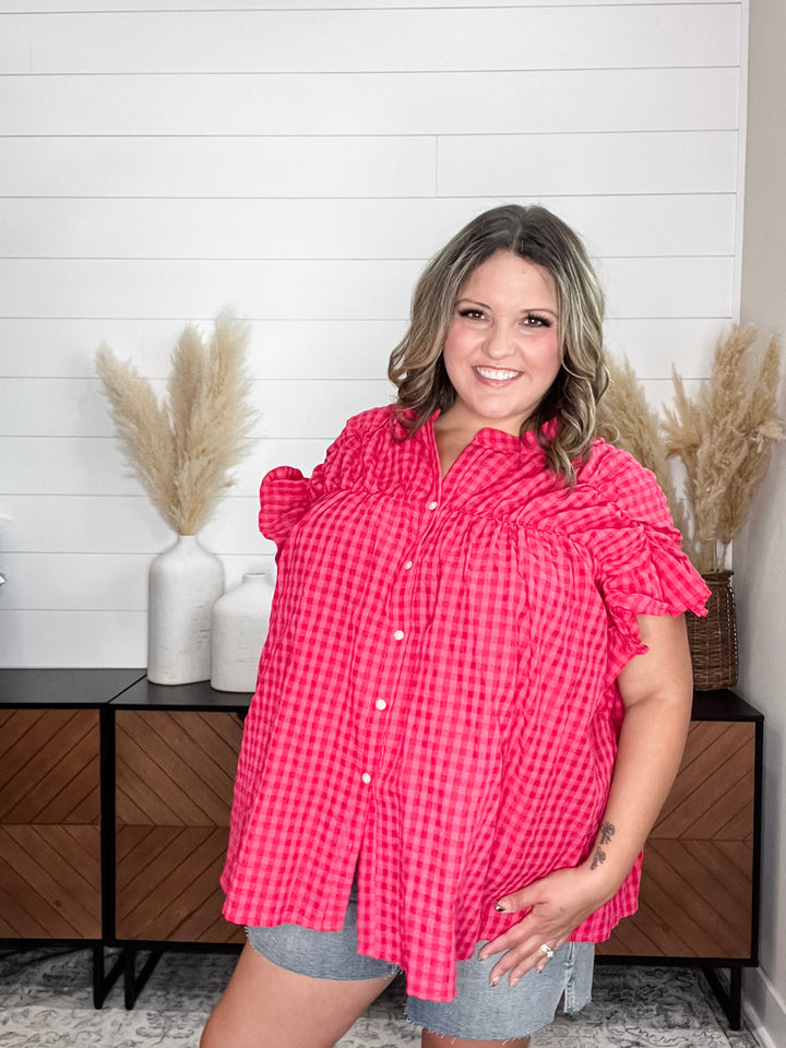 "Picnic Style" Ruffle Short Sleeve Button Up