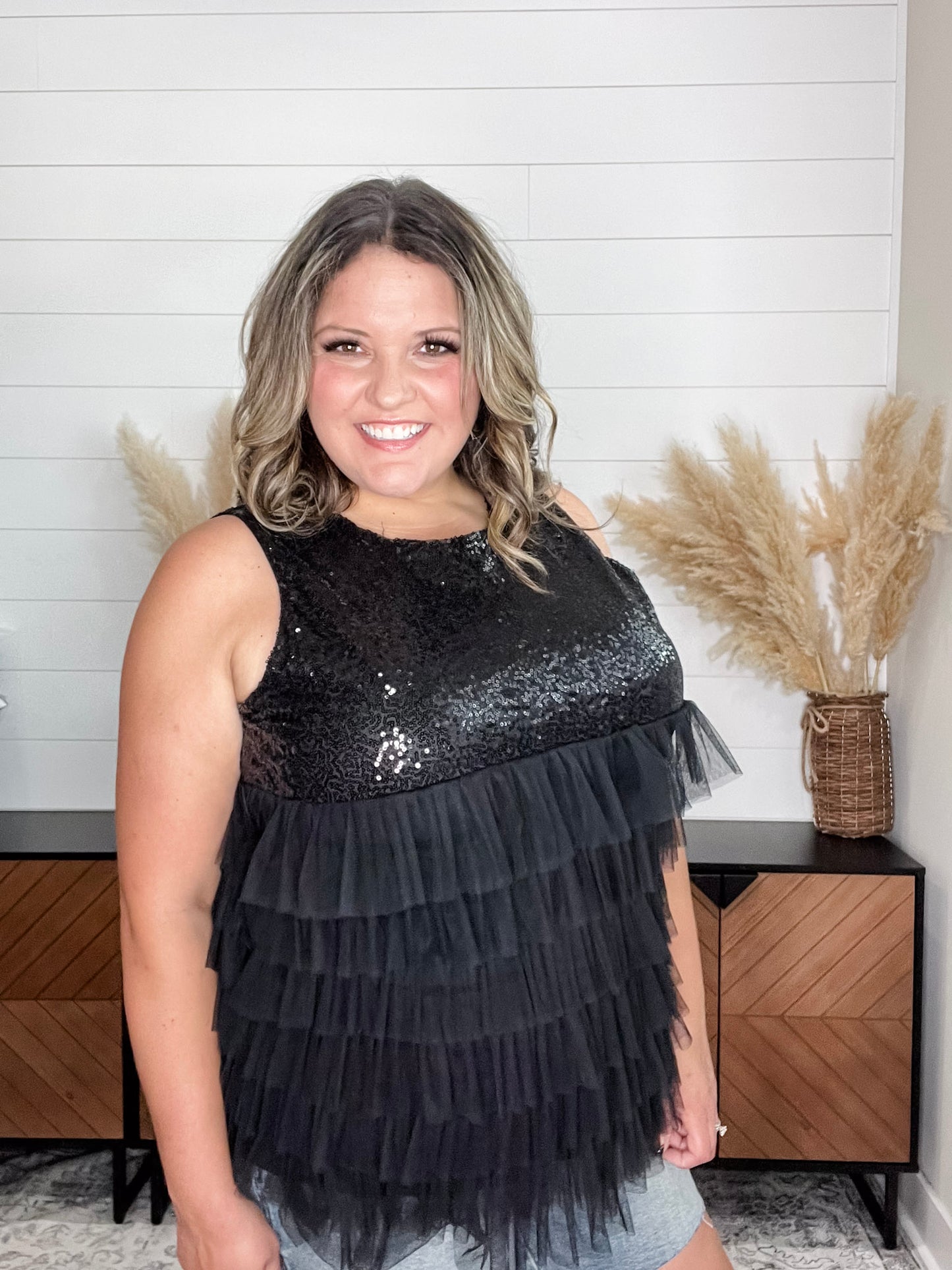 "On The Town" Sequined Ruffle Tank