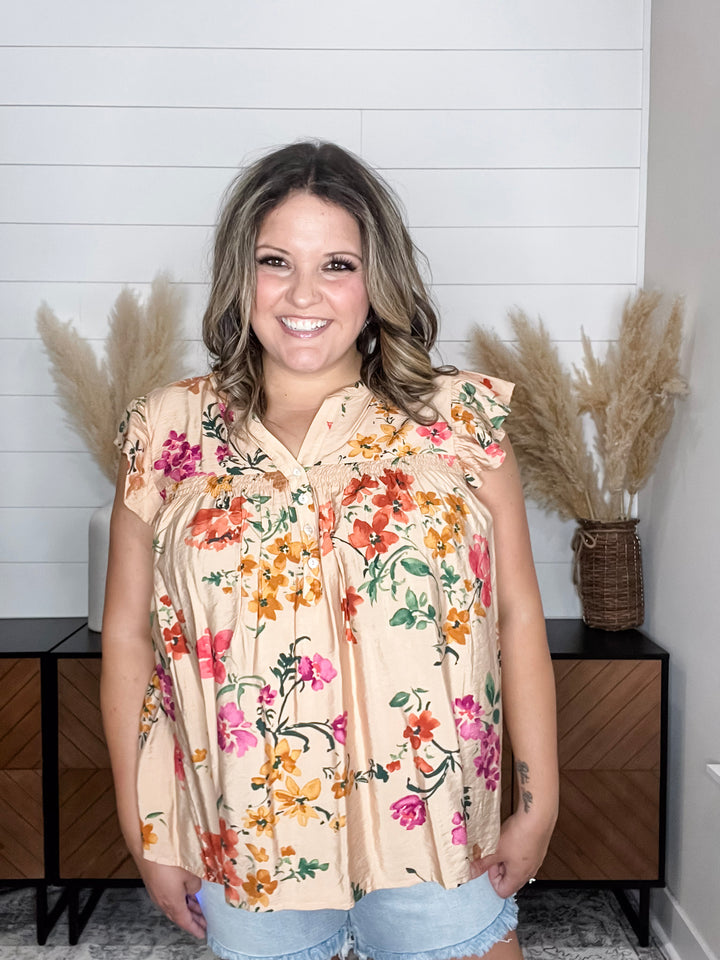 "Canyon" Floral Split Neck Ruffle Cap