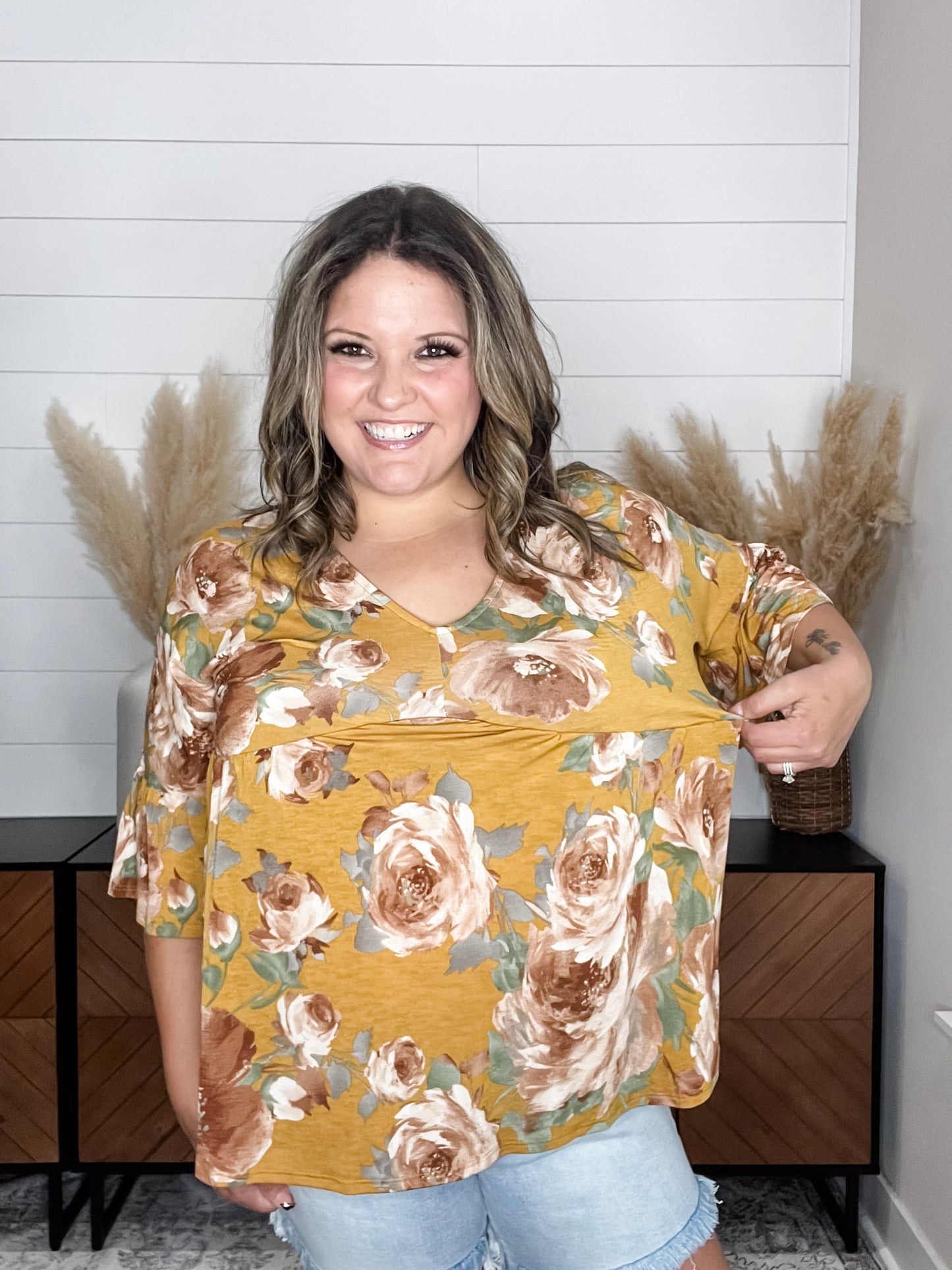 "Calen" Floral 3/4 Ruffle Sleeve Babydoll
