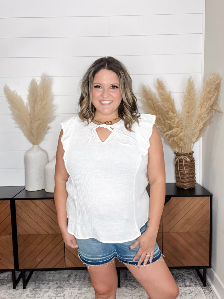 "Wheatland" Ruffle Cap V Neck with Tie Detail (Ivory)