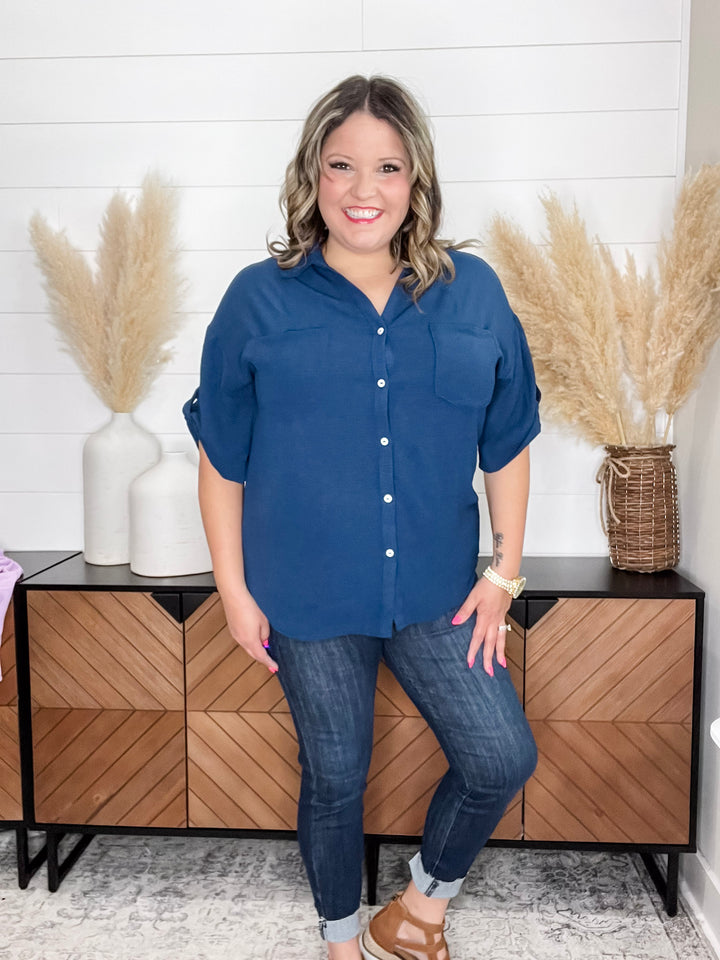 "Clarksburg" Button Up Collared Cuffed Short Sleeve (Navy)