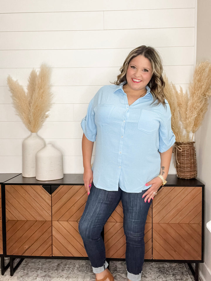 "Clarksburg" Button Up Collared Cuffed Short Sleeve (Dusty Blue)