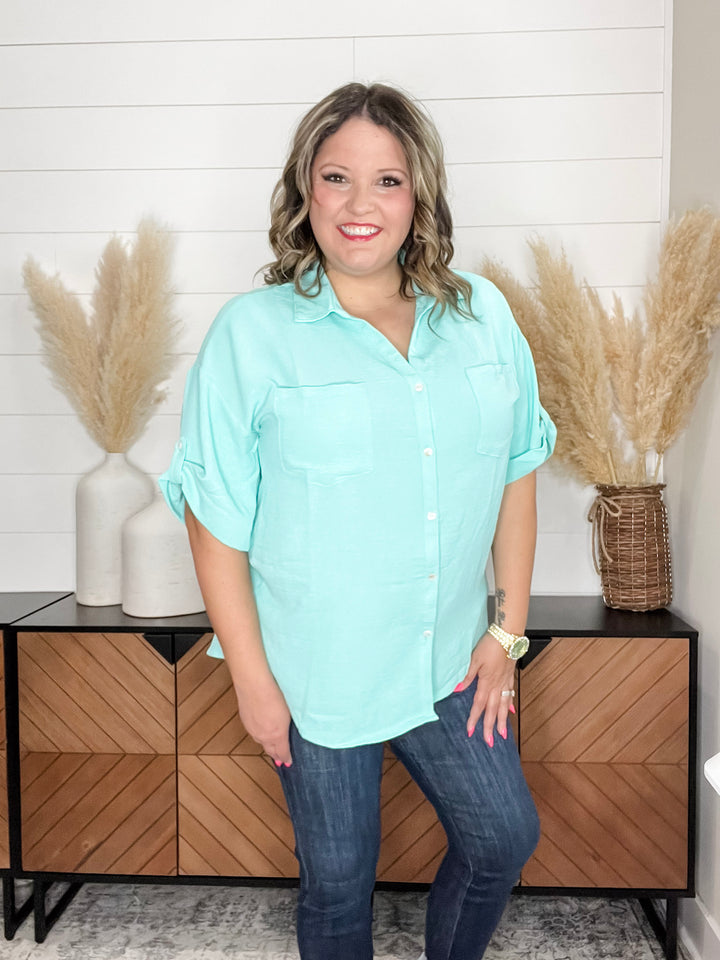 "Clarksburg" Button Up Collared Cuffed Short Sleeve (Aqua)