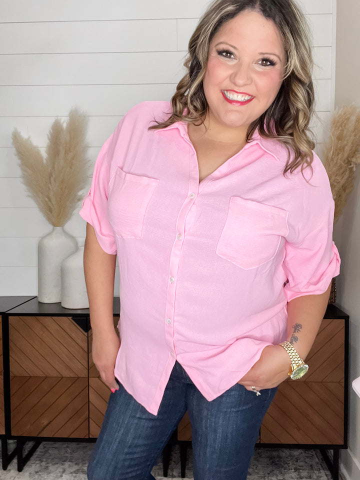 "Clarksburg" Button Up Collared Cuffed Short Sleeve (Blush)