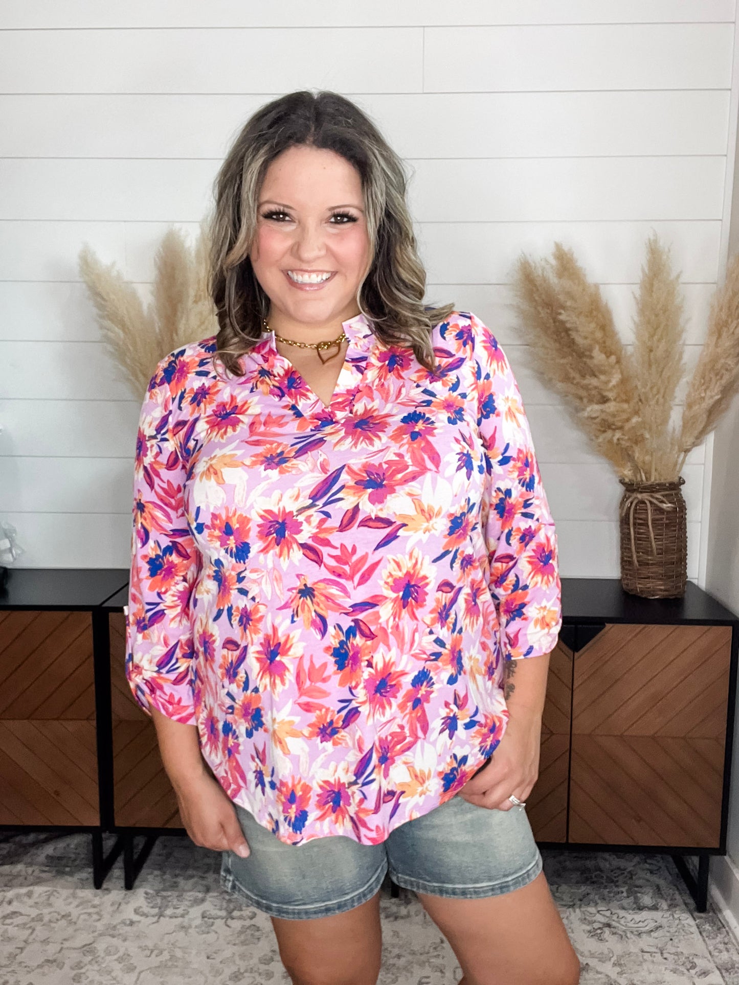 "Season" 3/4 Sleeve Split Neck Tops