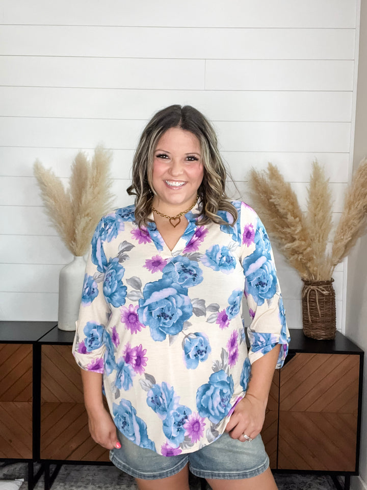 "Judgement" Floral 3/4 Sleeve Split Neck Tops