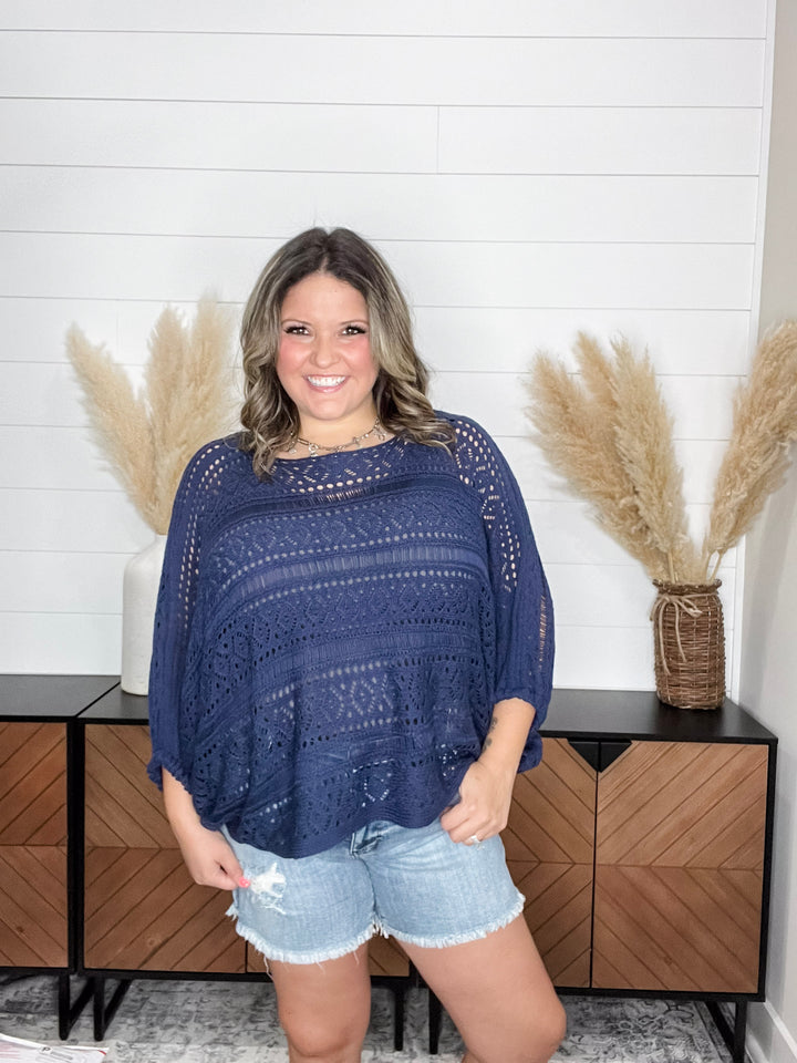 Open Knit Dolman Sleeve Cover Up (Navy)