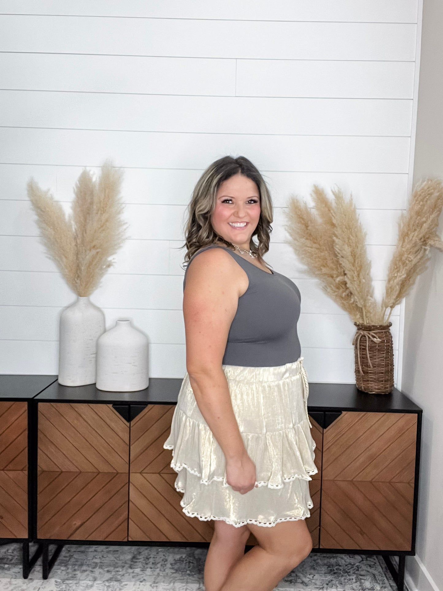 "Hamill" Ribbed Gold Foil Skirt with Built in Shorts