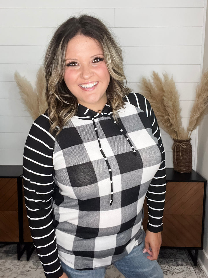 "Crystal" Light Weight Hoodie with Stripe Sleeve (Black & White Plaid)