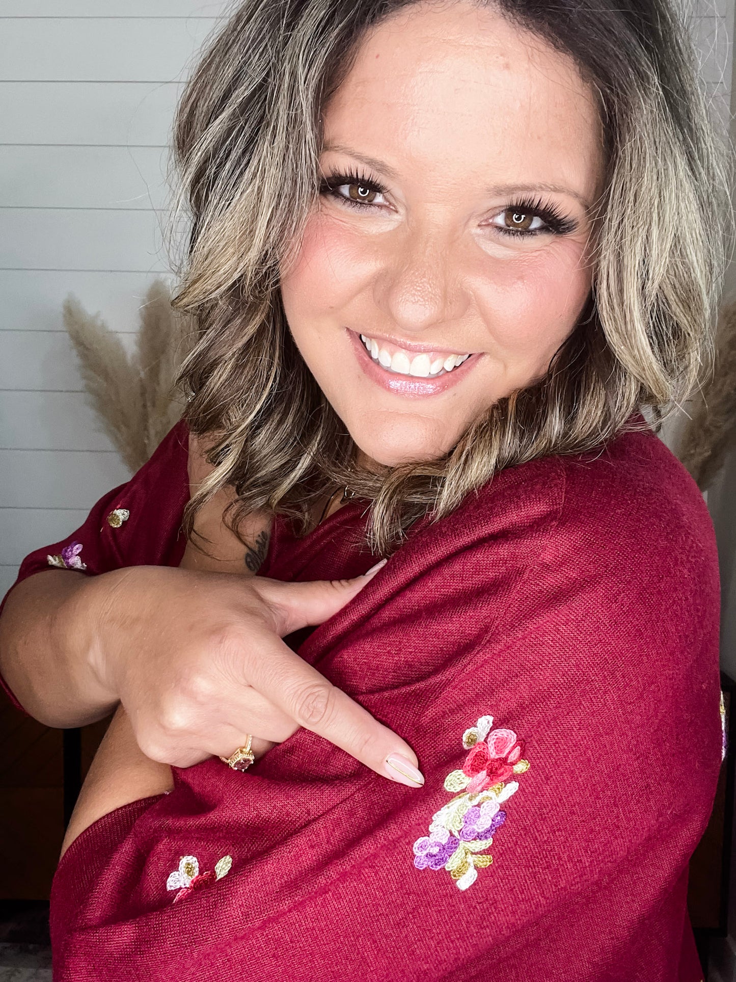 "Deceptive" Floral Embroidered Short Sleeve Dolman with Cuff and Collar (Wine)