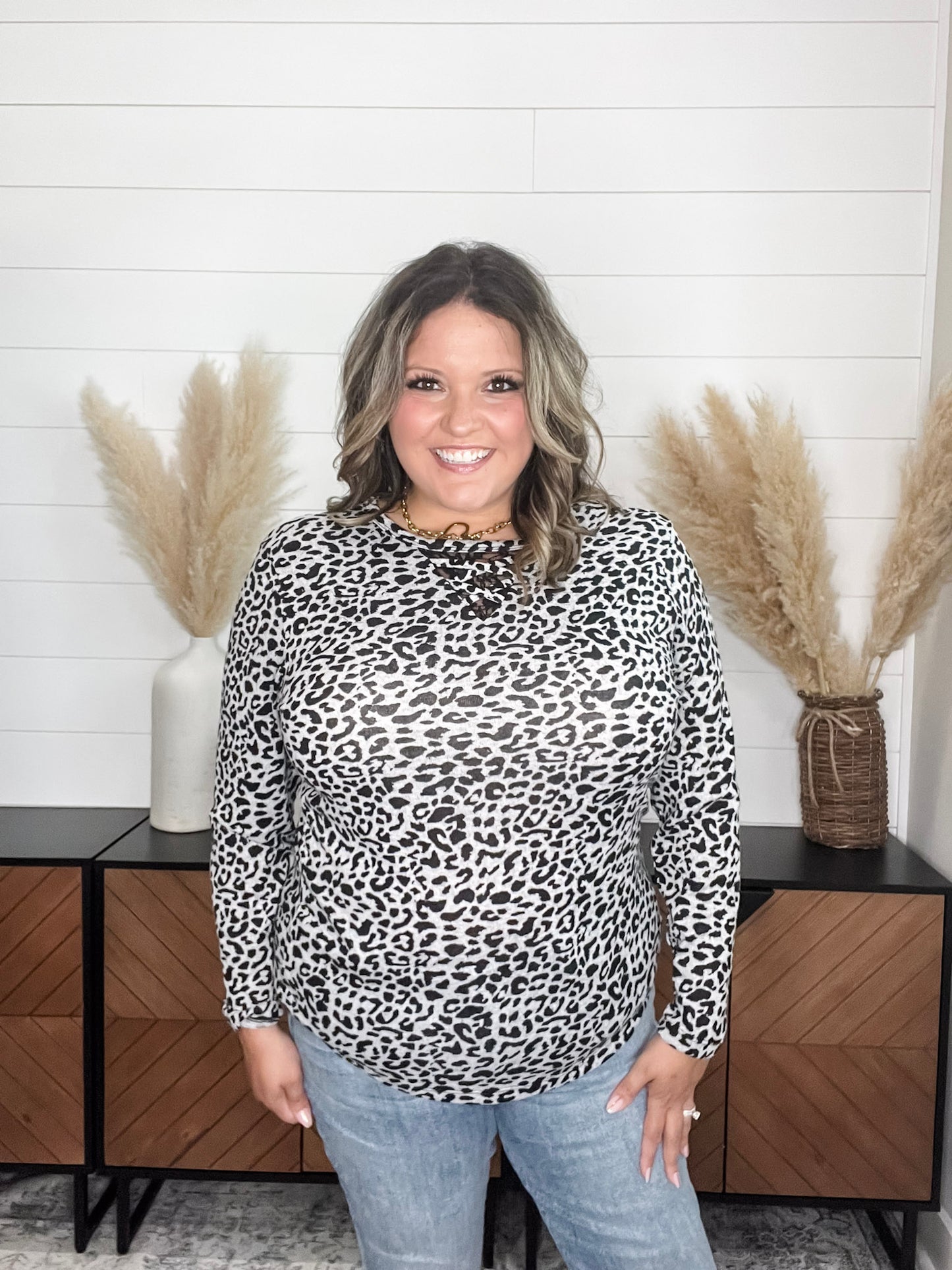 "Dixie" Animal Print Long Sleeve with Criss Cross Design (Grey)