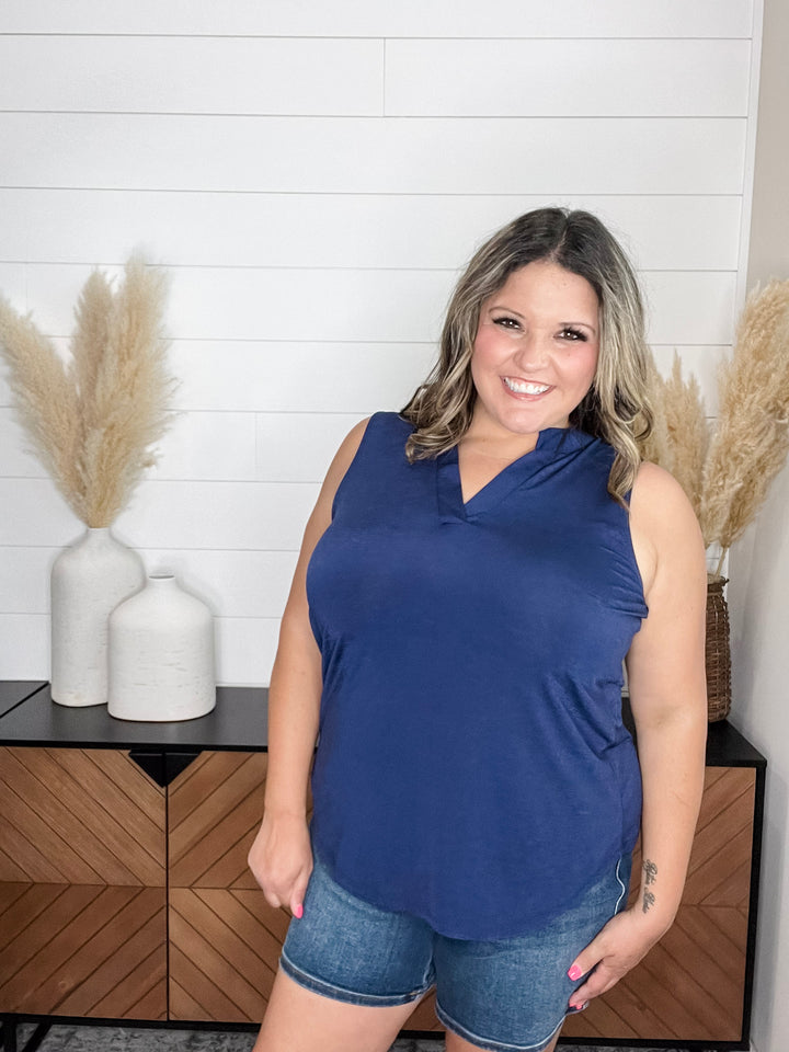 "Ok Maybe This" Sleeveless Split Neck (Navy)