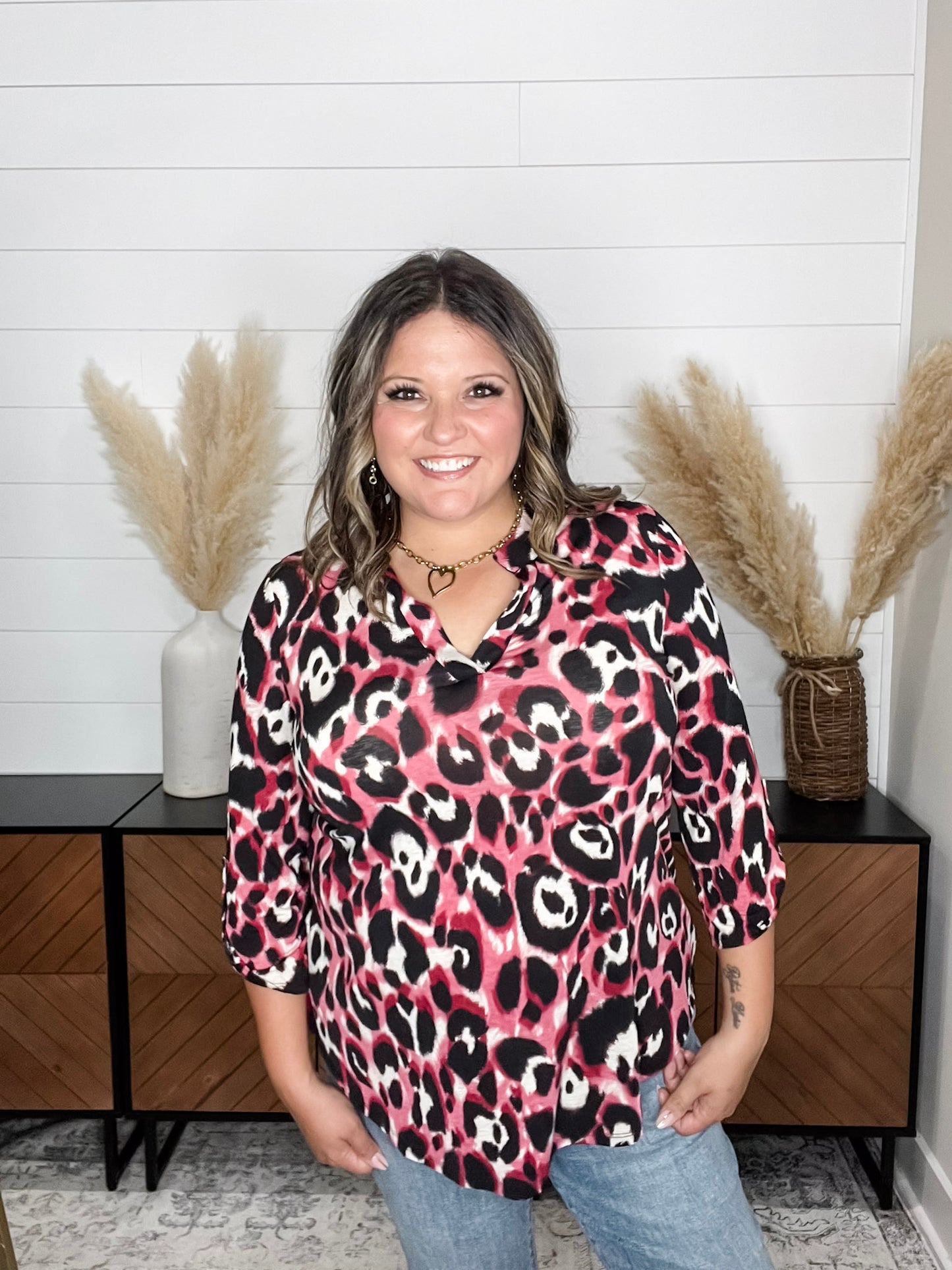 "Kiefer" Animal Print Lizzy 3/4 Sleeve Split Neck
