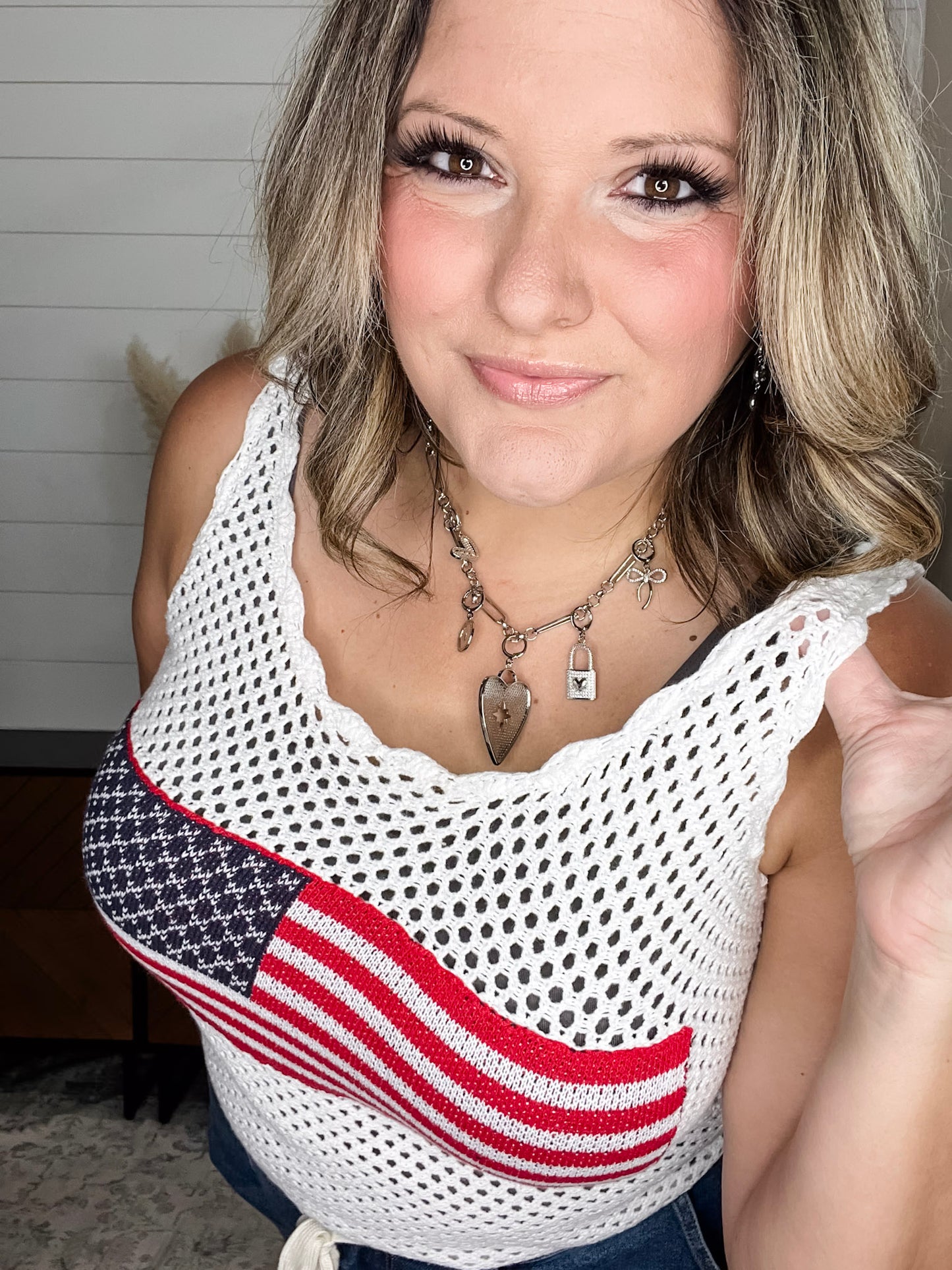 "Banner" Cropped Crochet Flag Tank (White)