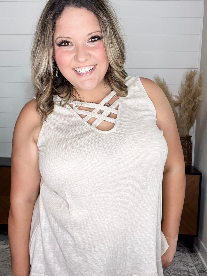 "Evolve" Criss Cross Front Waffle Texture Tank