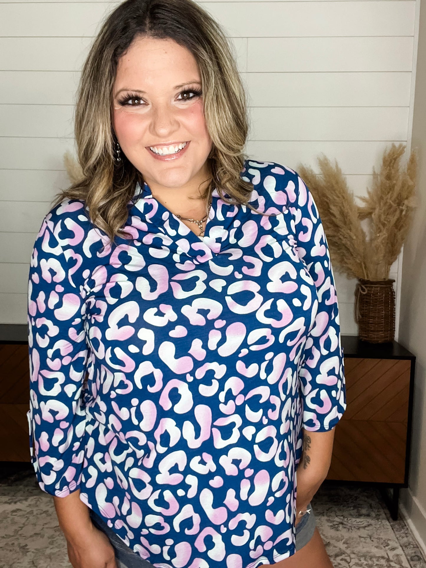 "Get To It" Animal Print Lizzy 3/4 Sleeve Split Neck