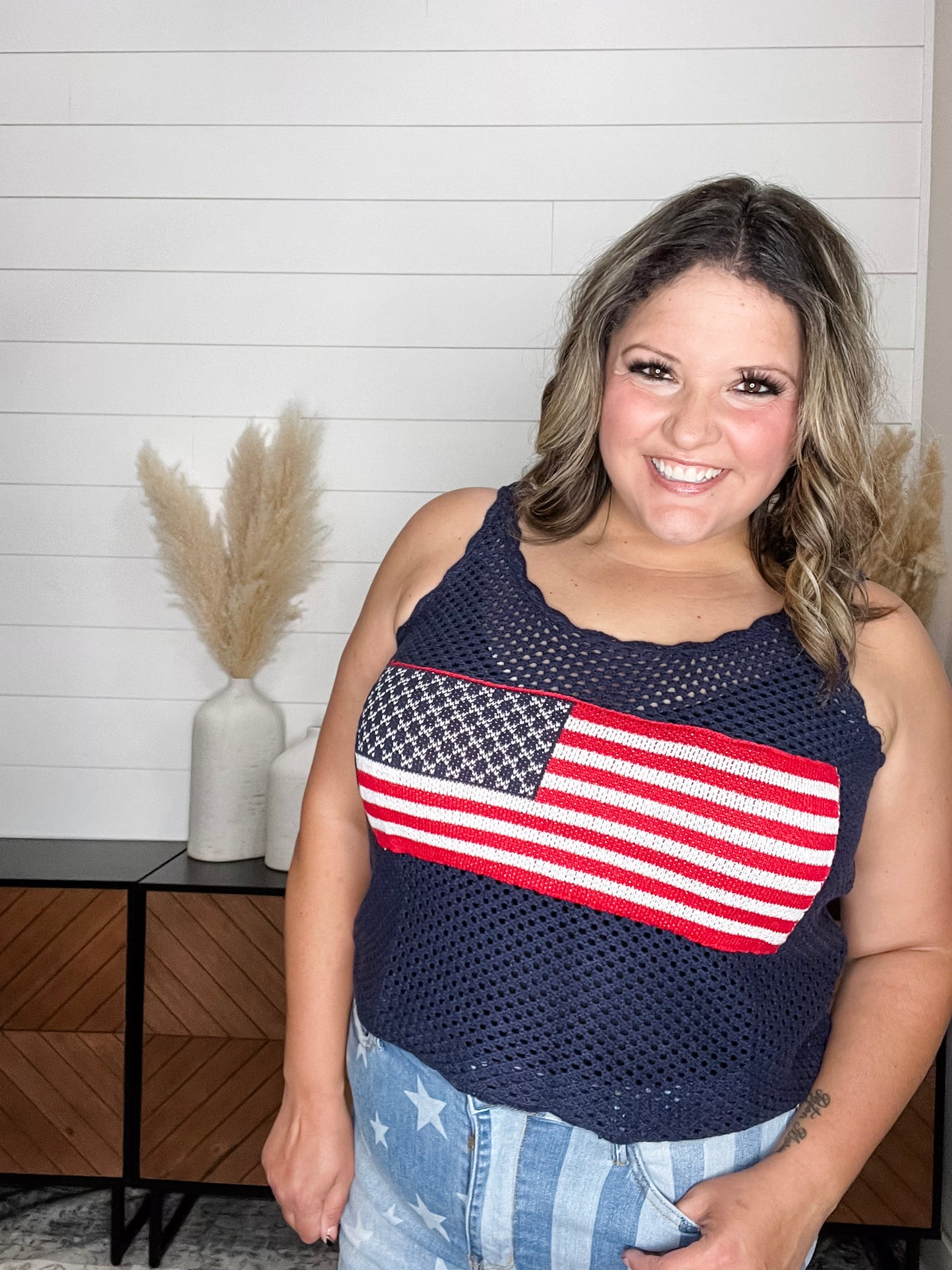 "Banner" Cropped Crochet Flag Tank (Navy)