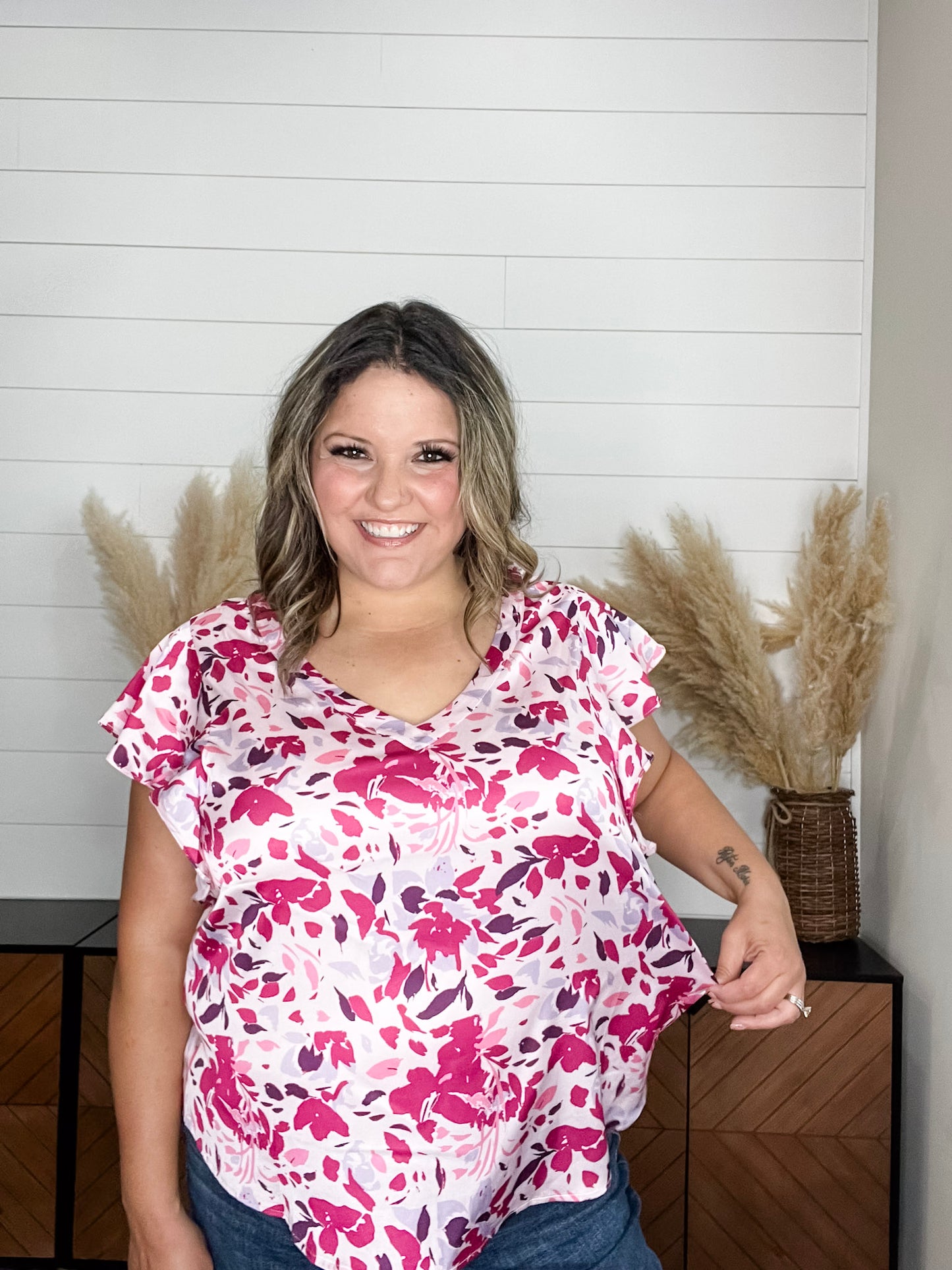 "Astounding" V-Neck Ruffle Cap Sleeve