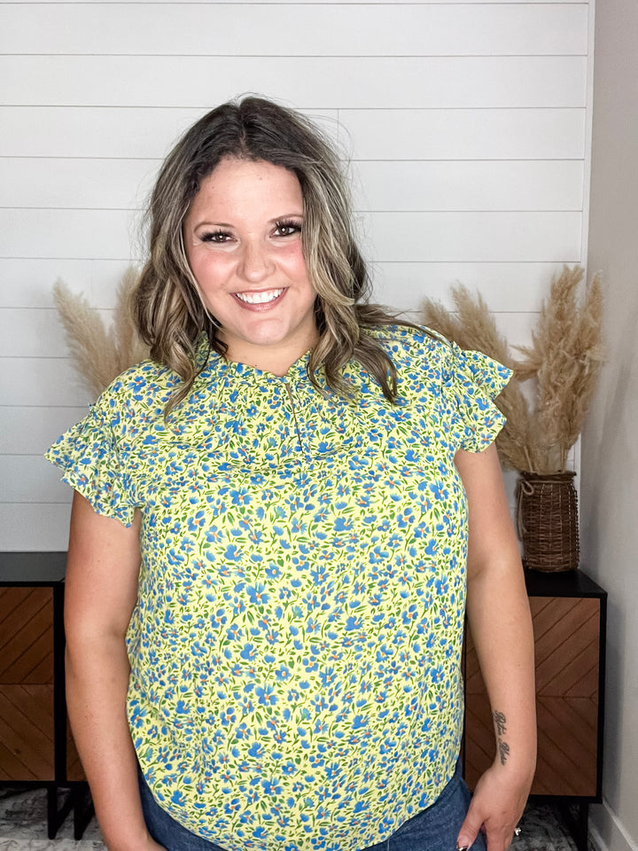 "Dover" Hi Collar Ruffle Cap Sleeve