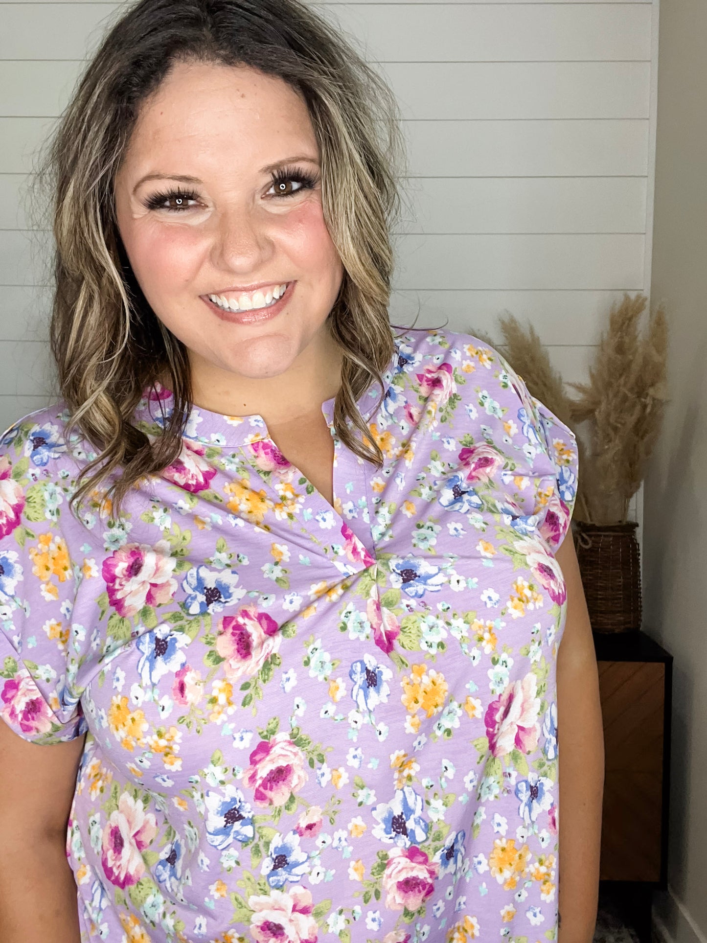 "Archer" Floral Split Neck Cuffed Short Sleeve