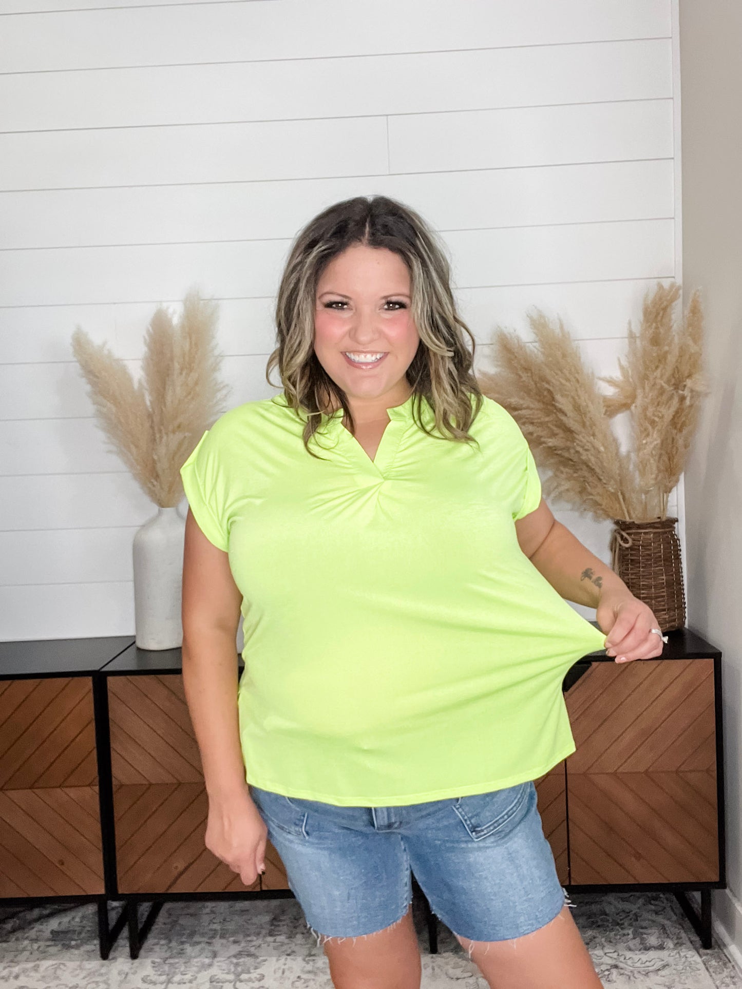 "Dare" Solid Split Neck Cuffed Short Sleeve (Neon Green)