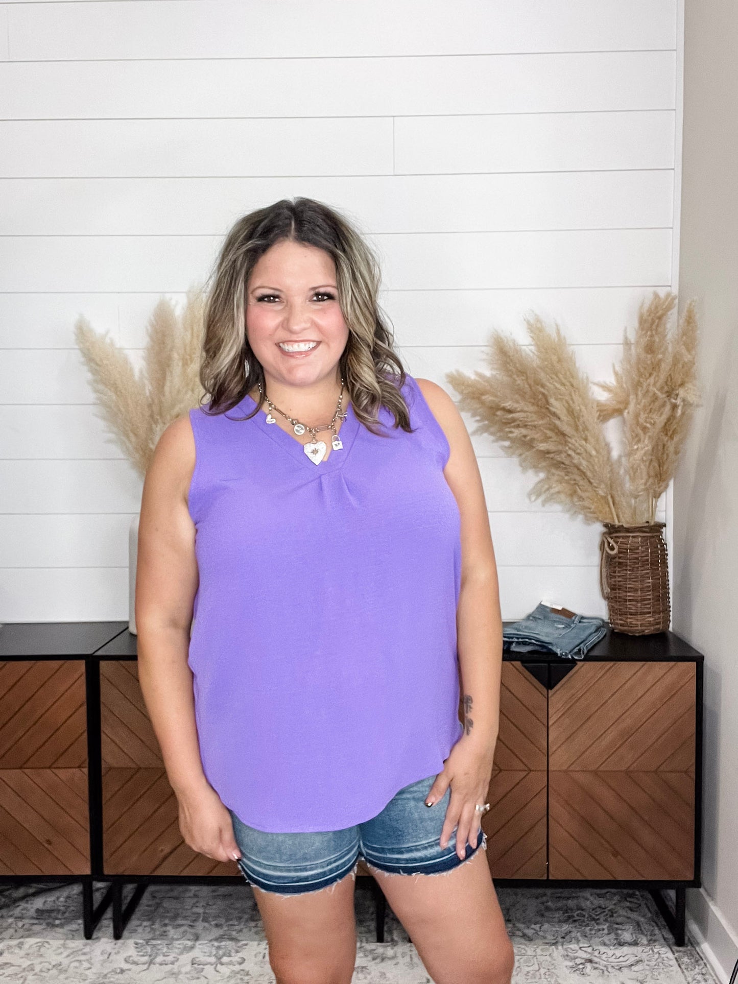 "Swanton" Deep V Tank with Front Pleat (Orchid Glow)