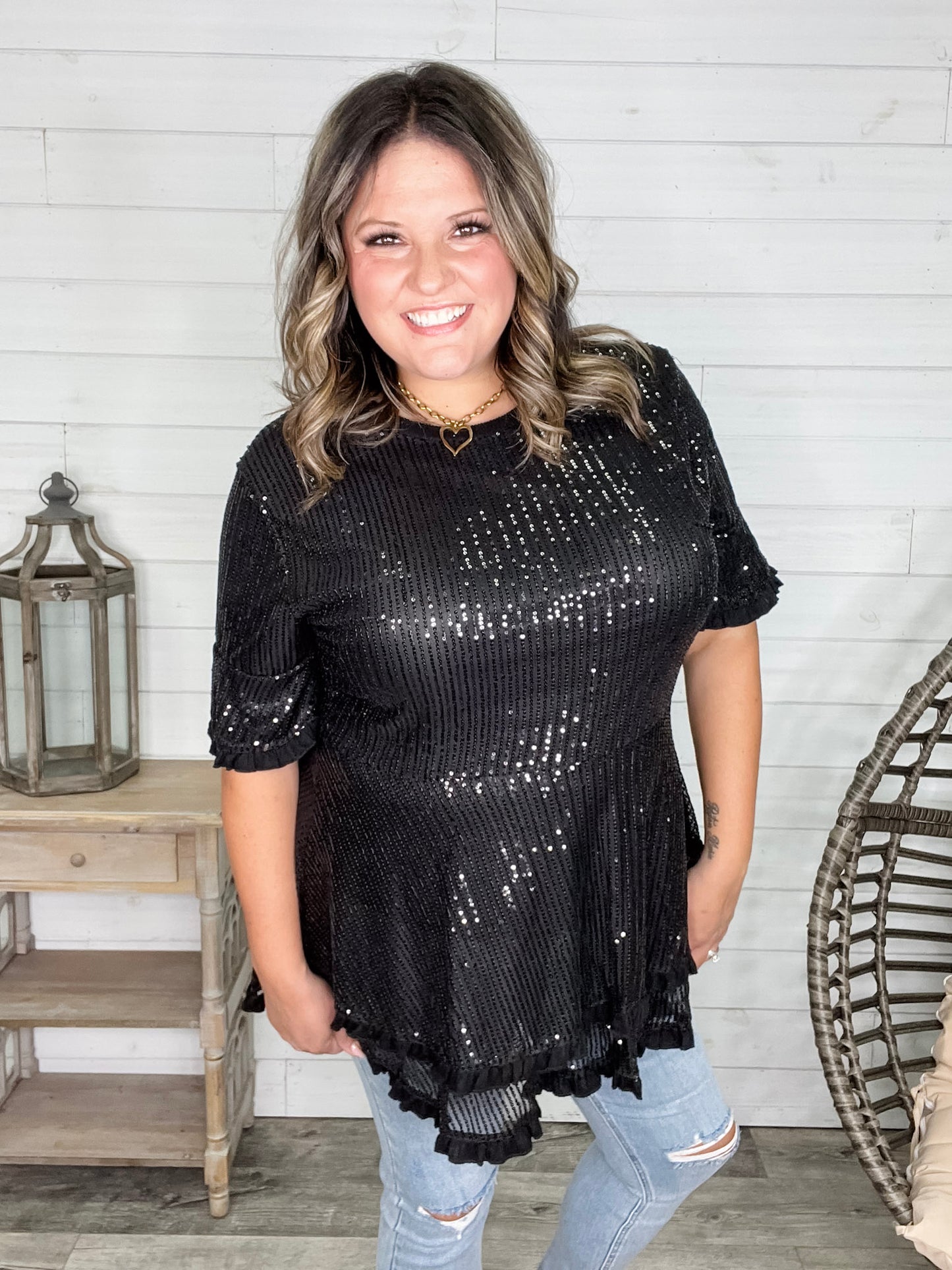 "Caught A Glimpse" Sequined Ruffle Hem and Sleeve (Black)