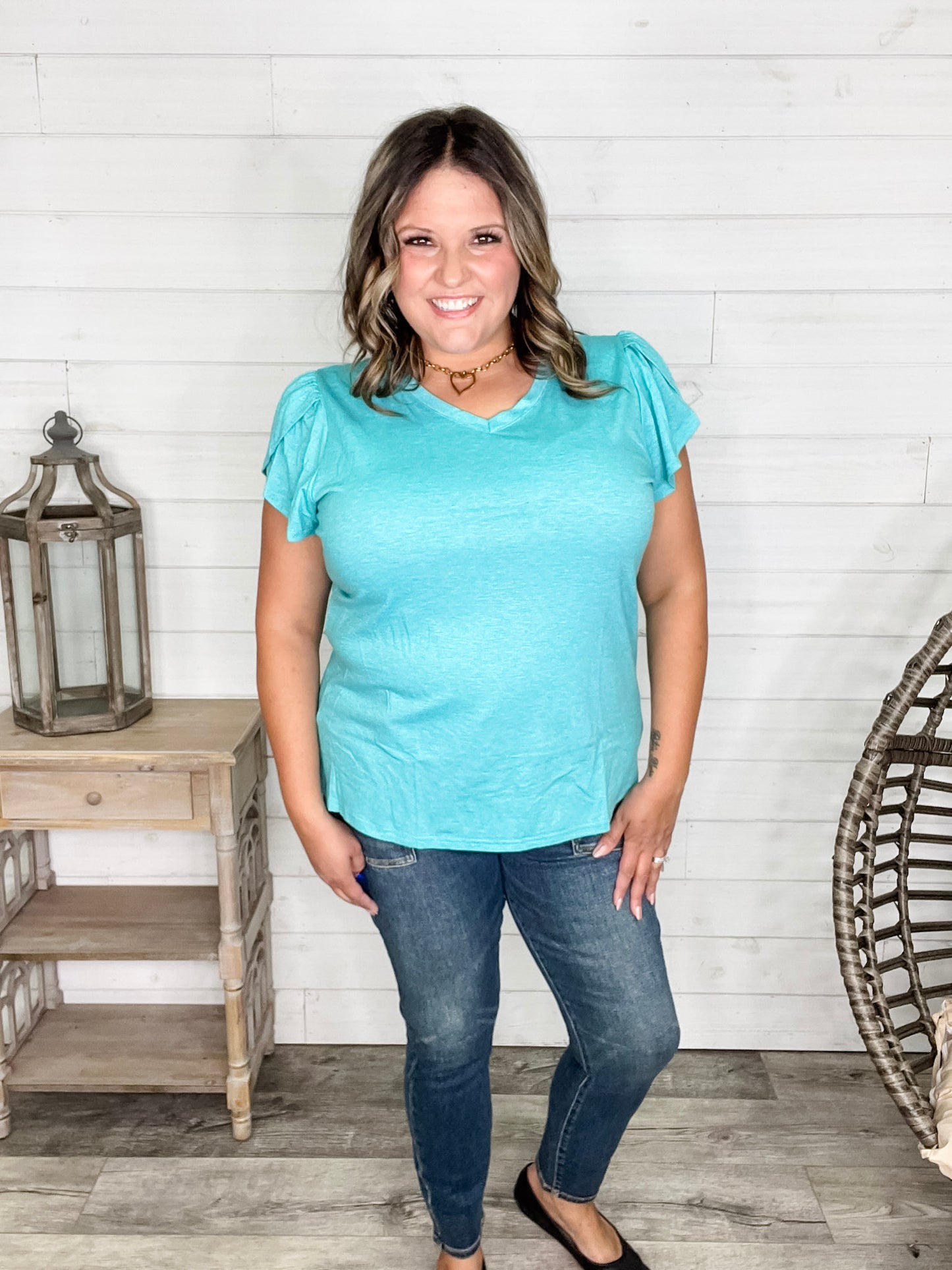 "Just The Beginning Chapter Two" Solid Tulip Sleeve V Neck (Turquoise)
