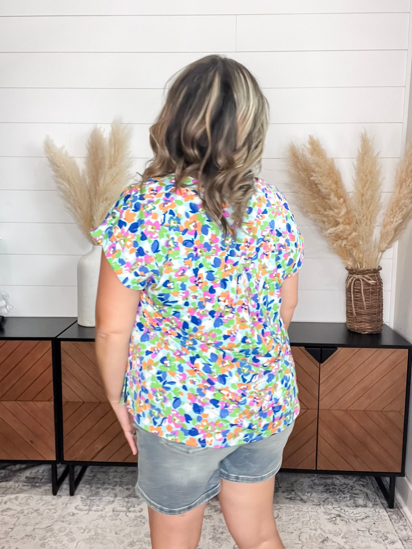 "Smack Dab" Split Neck Cuffed Short Sleeve