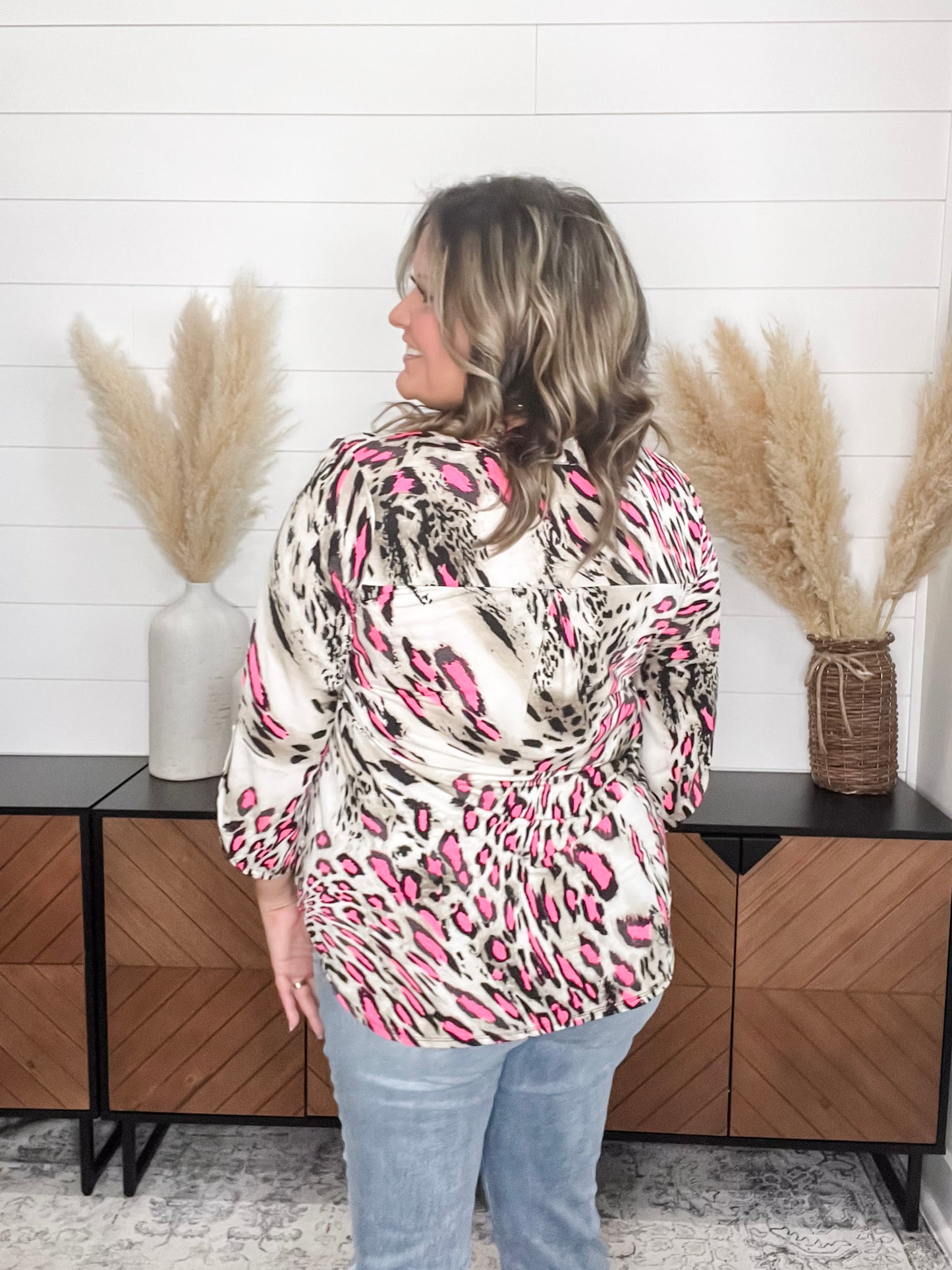 "Distinctive" Animal Print Lizzy 3/4 Sleeve Split Neck