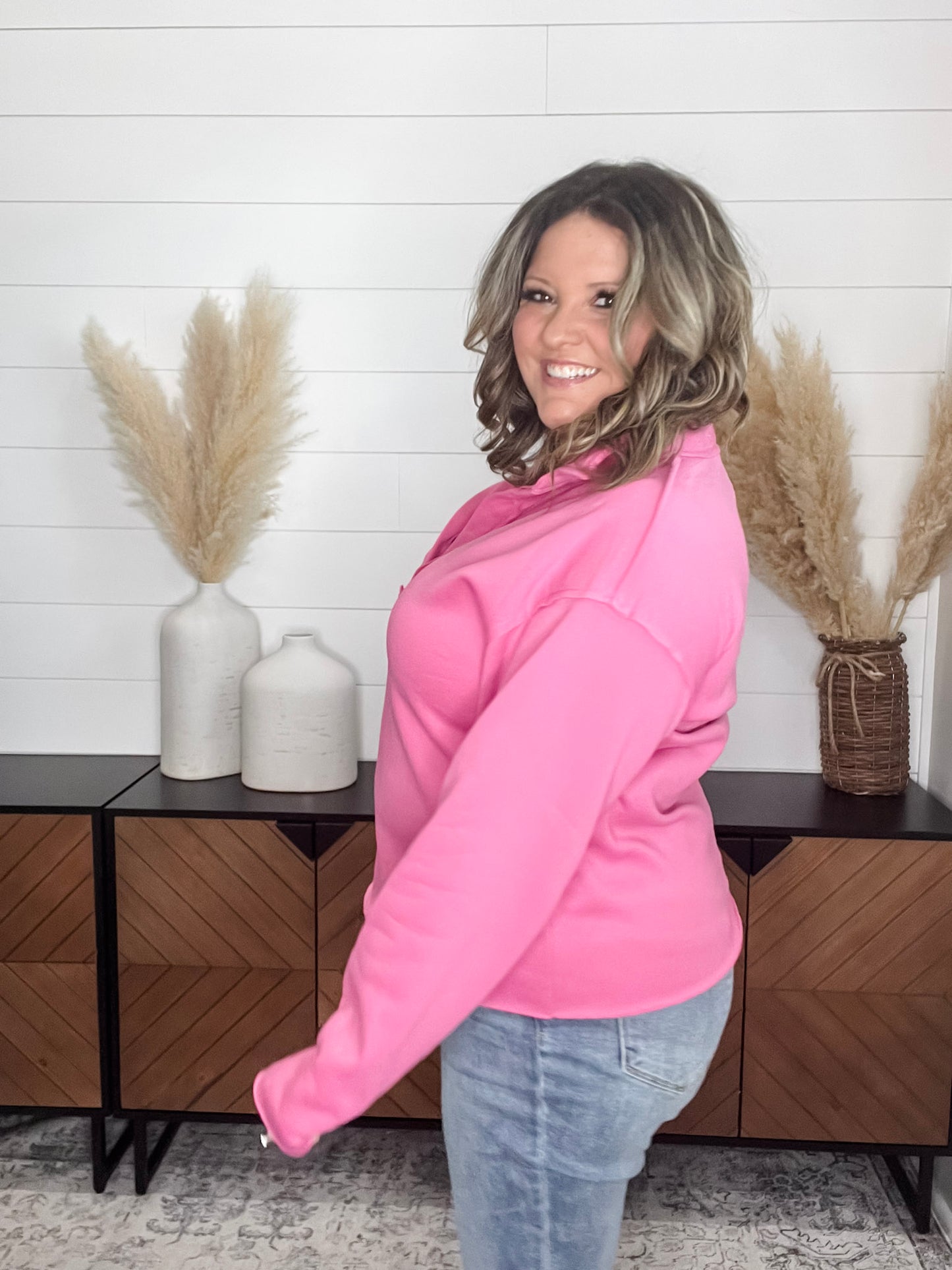 "Bubblegum" Long Sleeve Split Neck Sweatshirt