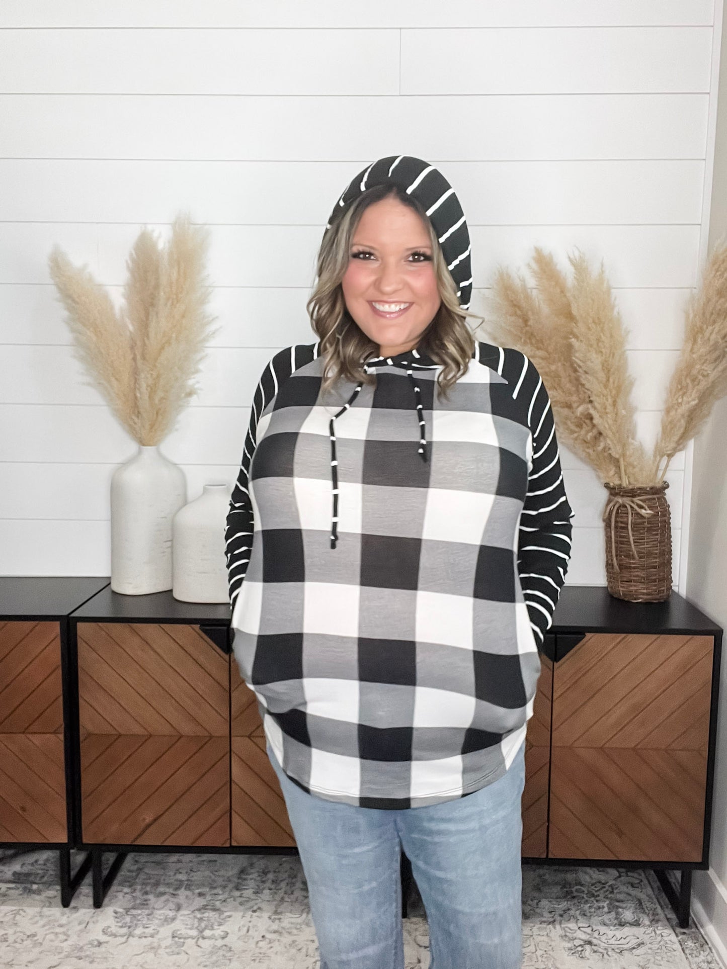 "Crystal" Light Weight Hoodie with Stripe Sleeve (Black & White Plaid)