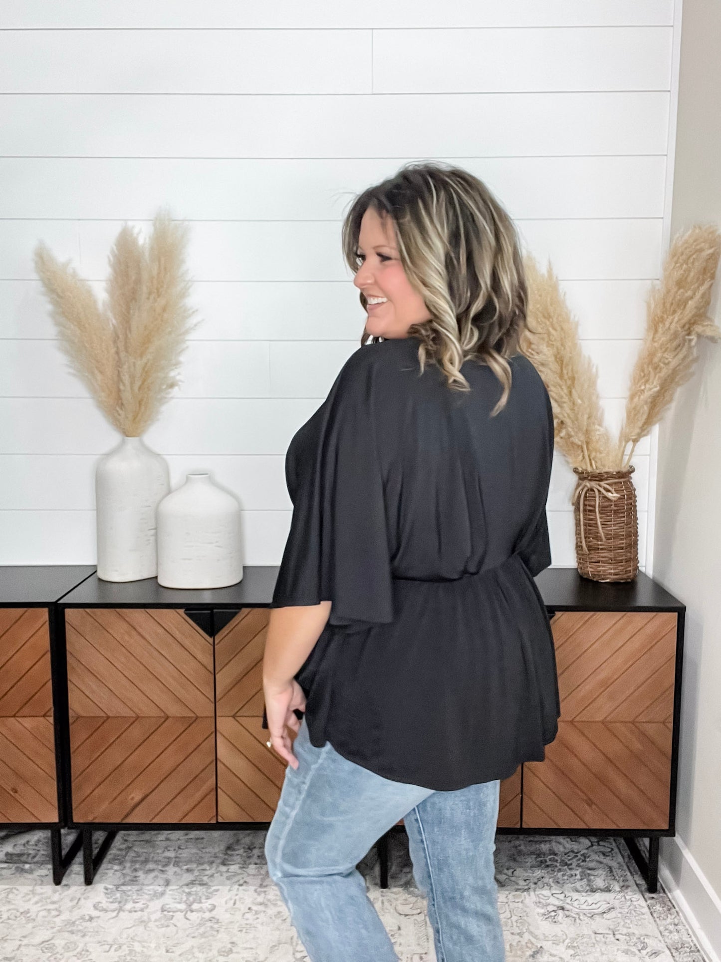 "Here We Go Again" V Neck 3/4 Bell Sleeve (Black)