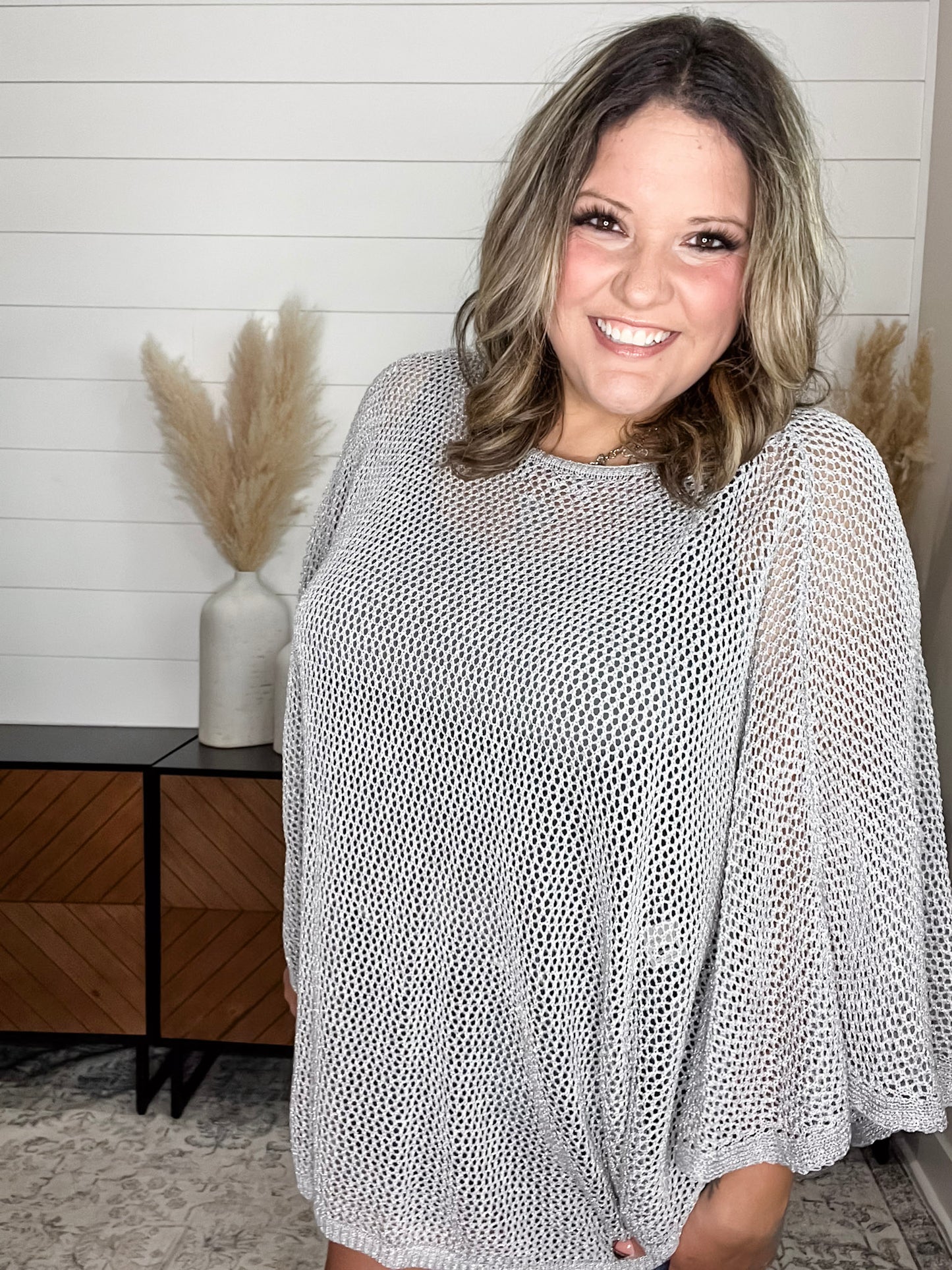 "Added Touch" Loose Knit Cover Up Top (Silver)