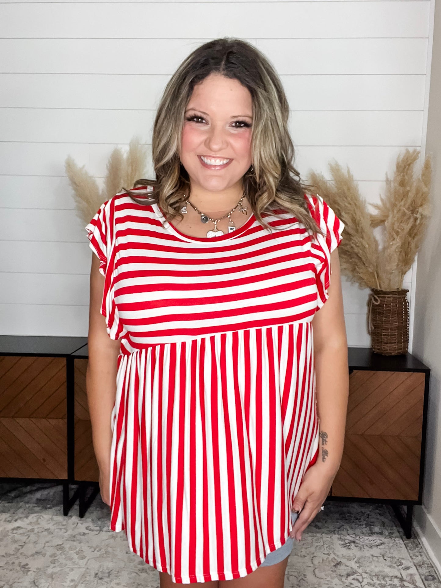"Connor" Stripe Ruffle Cap Babydoll (Red & White)