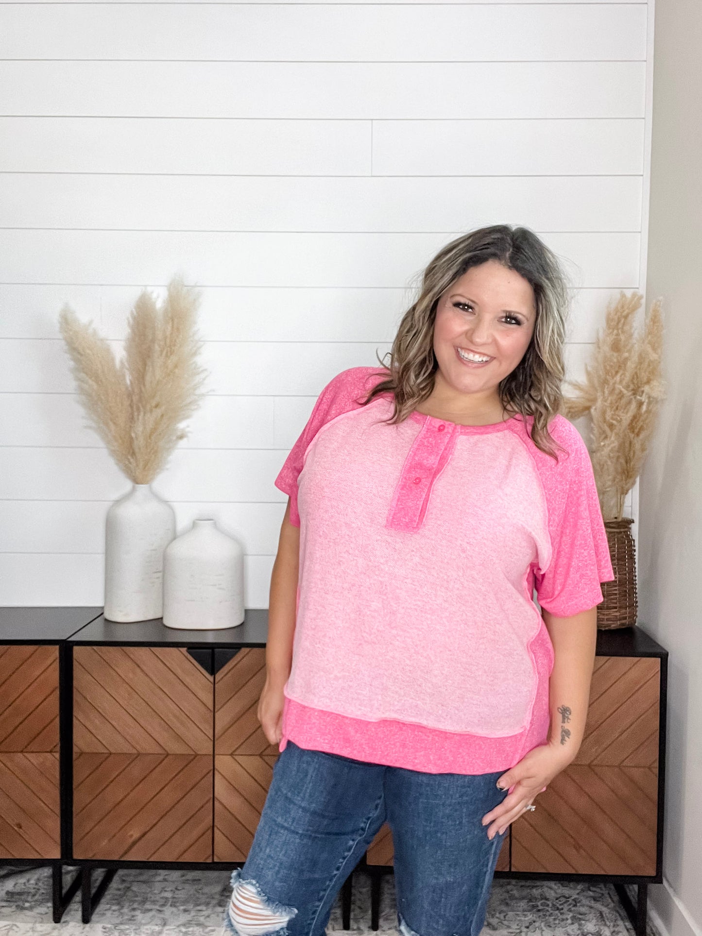 "Dunnigan" Oversized Short Sleeve with Button Front Detail (Pink)