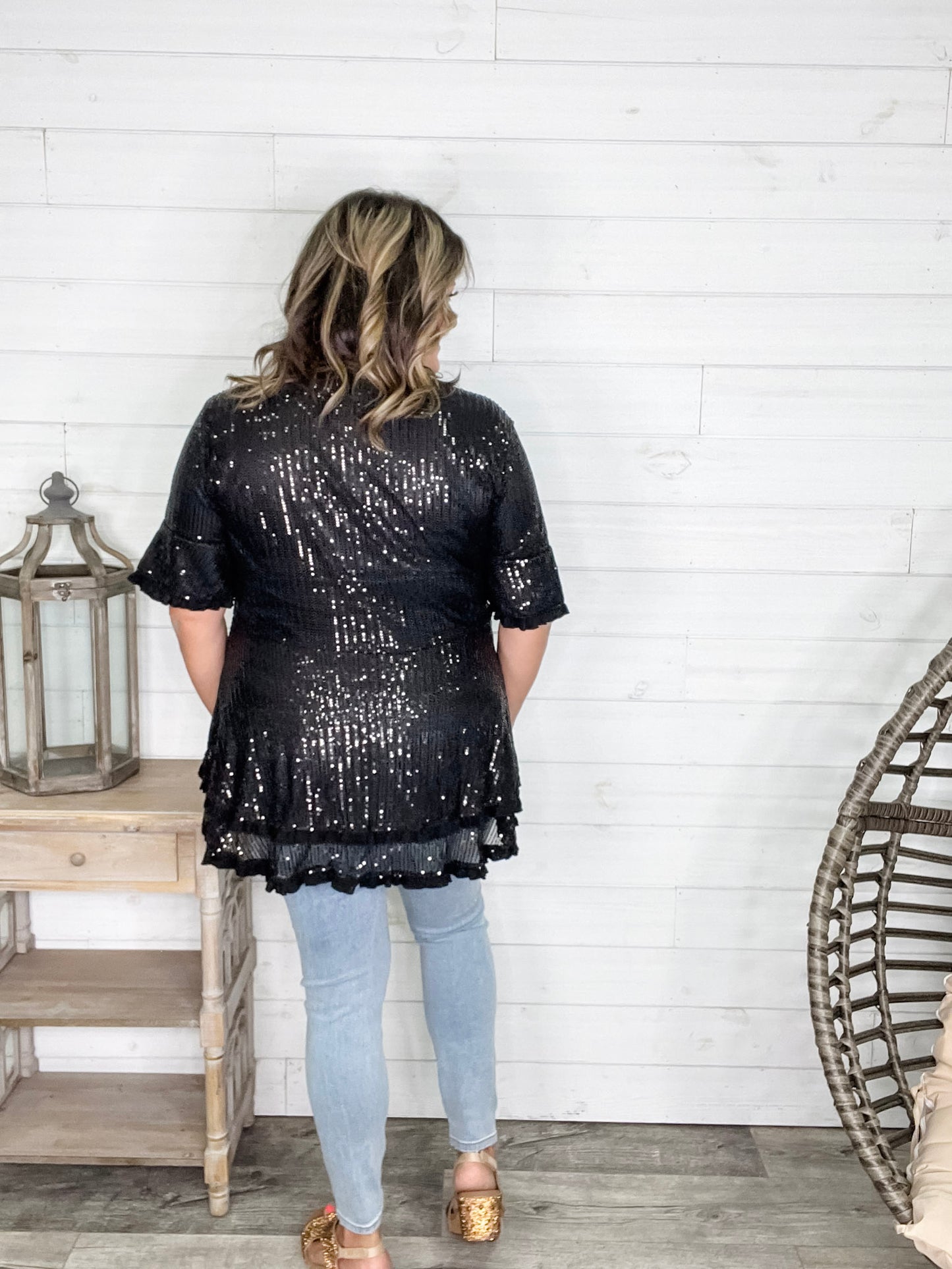 "Caught A Glimpse" Sequined Ruffle Hem and Sleeve (Black)