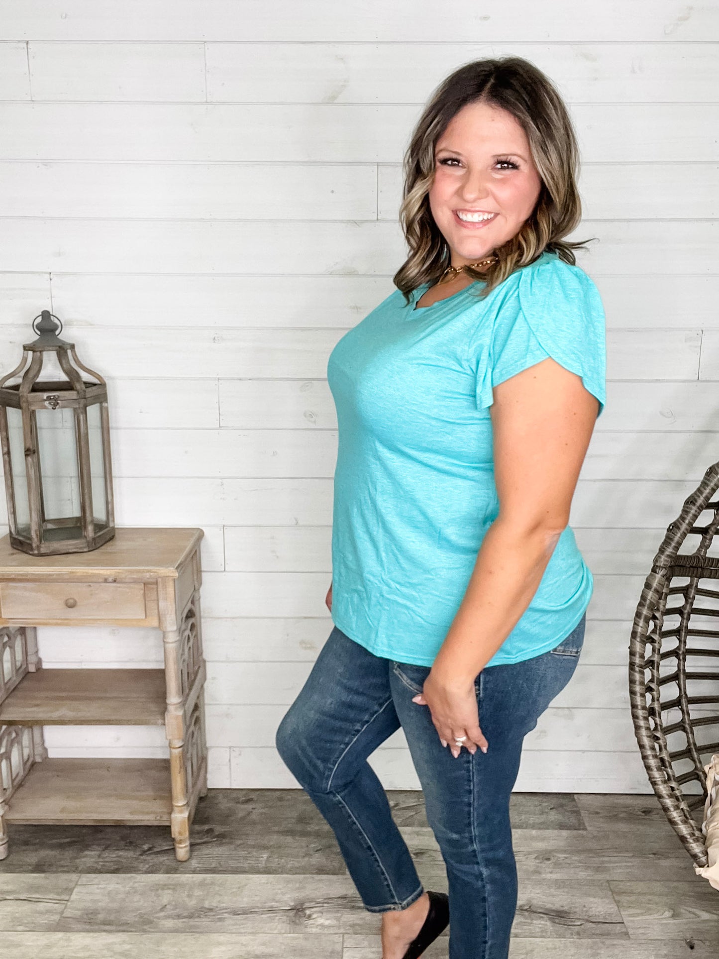 "Just The Beginning Chapter Two" Solid Tulip Sleeve V Neck (Turquoise)