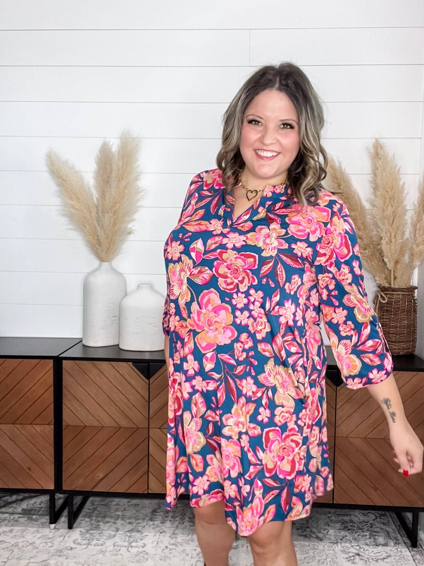 Dear Scarlett "Hydrogen" 3/4 Sleeve Split Neck Dress with Pockets