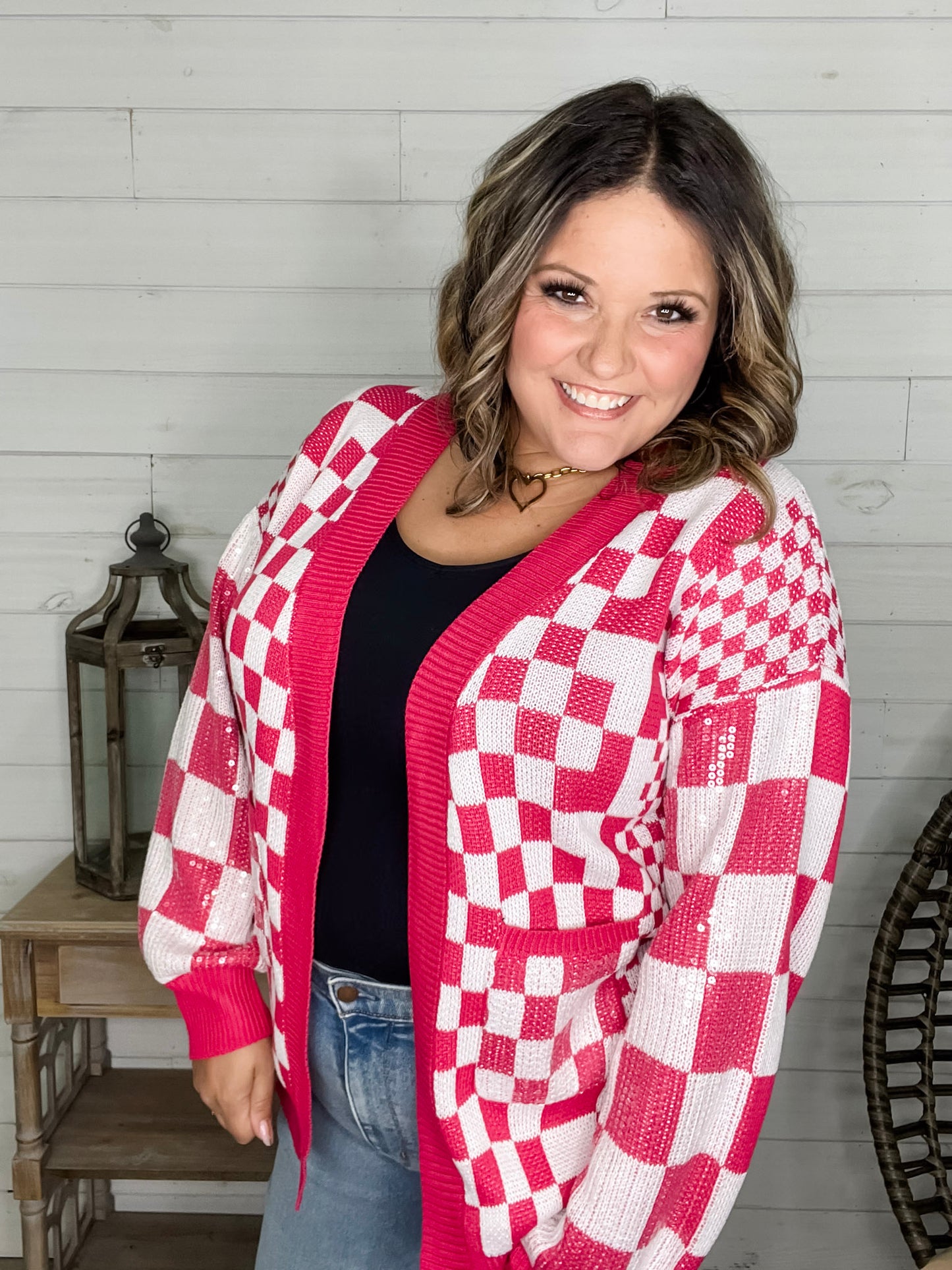 "Check Me Out" Checkered Cardigan with Sequin Detail (Multiple Colors)
